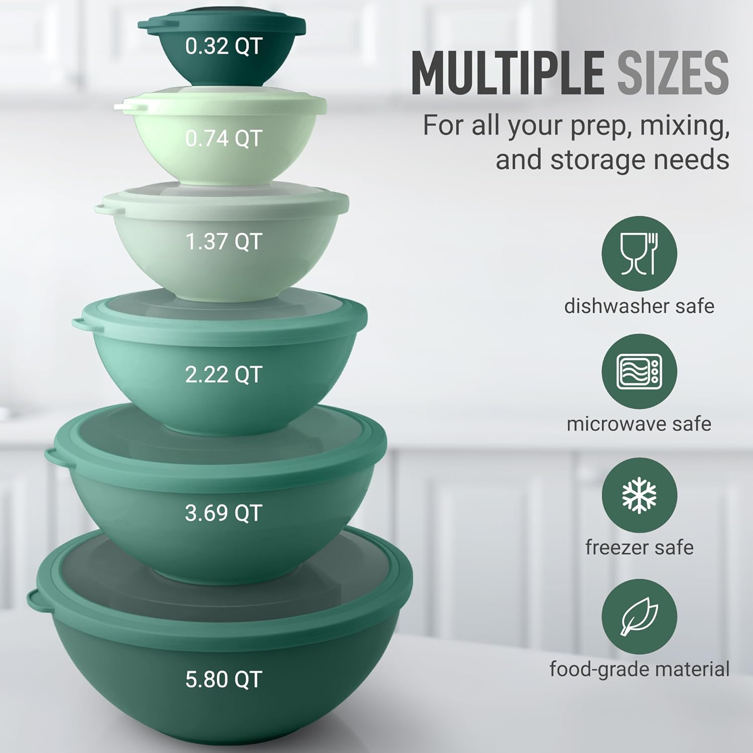 12 Piece Plastic Mixing Bowls with Lids Set - Leak-Proof Microwave & Freezer Safe Stackable Mixing Bowl Set for Preparing, Serving and Storing - Non-Slip Large Nesting Bowls (Blue Ombre)