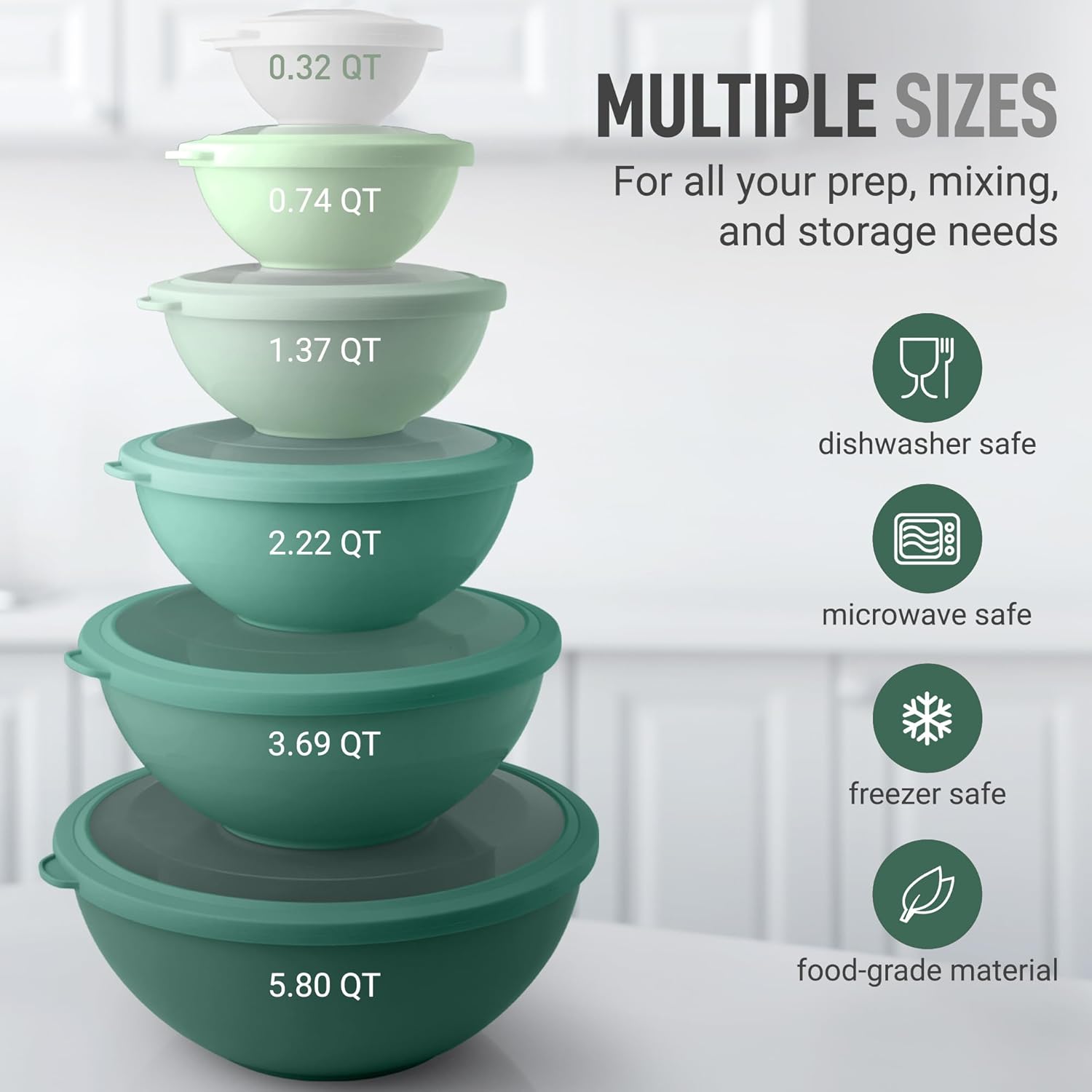 12 Piece Plastic Mixing Bowls with Lids Set - Leak-Proof Microwave & Freezer Safe Stackable Mixing Bowl Set for Preparing, Serving and Storing - Non-Slip Large Nesting Bowls (Blue Ombre)