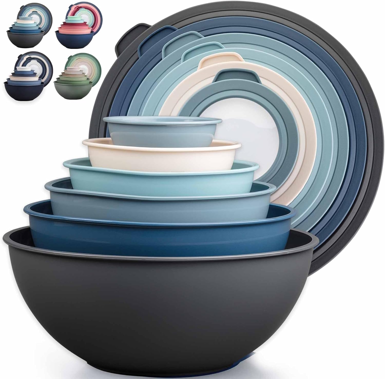 12 Piece Plastic Mixing Bowls with Lids Set - Leak-Proof Microwave & Freezer Safe Stackable Mixing Bowl Set for Preparing, Serving and Storing - Non-Slip Large Nesting Bowls (Blue Ombre)