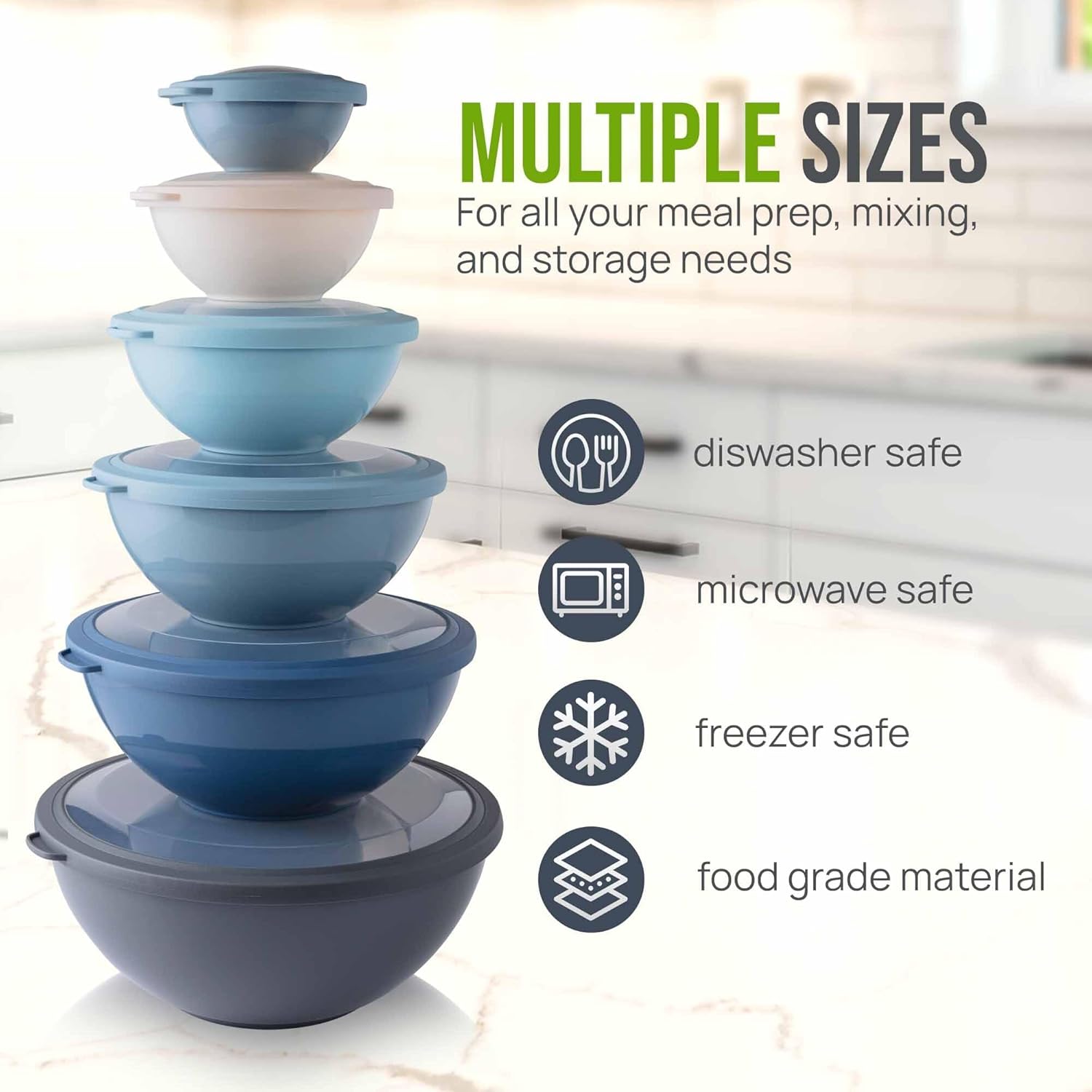 12 Piece Plastic Mixing Bowls with Lids Set - Leak-Proof Microwave & Freezer Safe Stackable Mixing Bowl Set for Preparing, Serving and Storing - Non-Slip Large Nesting Bowls (Blue Ombre)