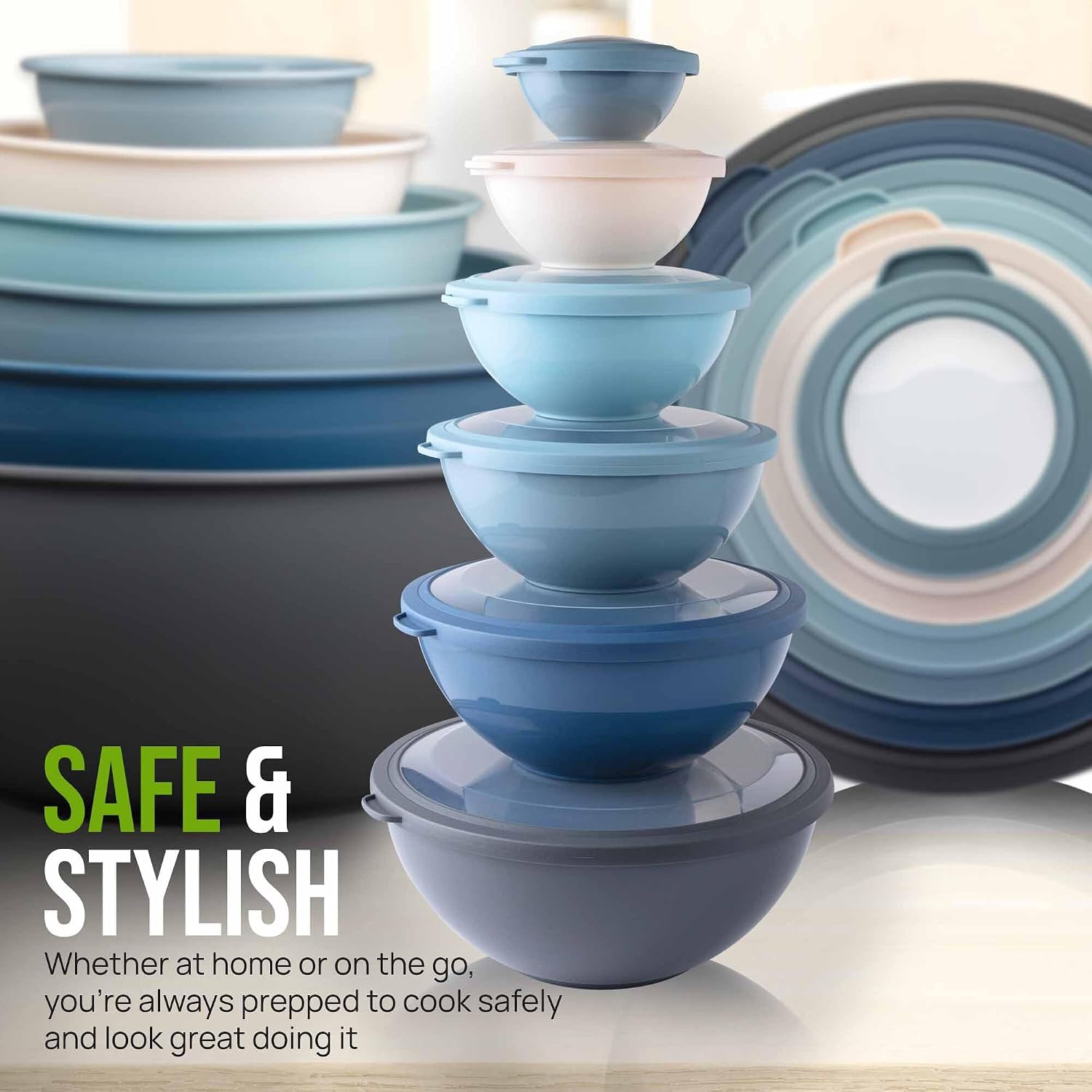 12 Piece Plastic Mixing Bowls with Lids Set - Leak-Proof Microwave & Freezer Safe Stackable Mixing Bowl Set for Preparing, Serving and Storing - Non-Slip Large Nesting Bowls (Blue Ombre)