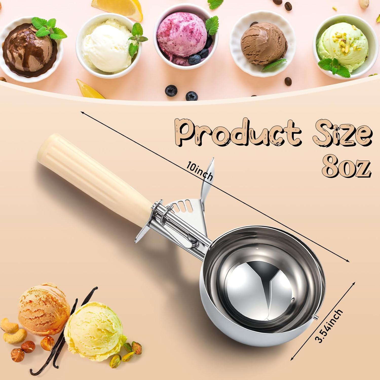 1 Pcs Release Cookie Scoops Ice Cream Scooper with Trigger Release Portion Scoop Stainless Steel for Portion Control, Baking Food, Cookie Dough (8 oz,Ivory)