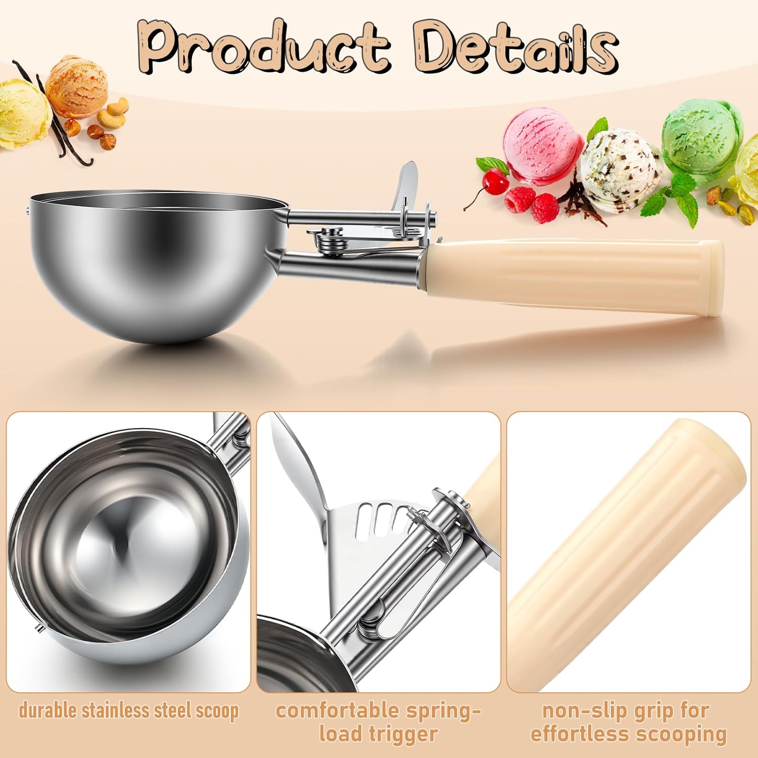 1 Pcs Release Cookie Scoops Ice Cream Scooper with Trigger Release Portion Scoop Stainless Steel for Portion Control, Baking Food, Cookie Dough (8 oz,Ivory)
