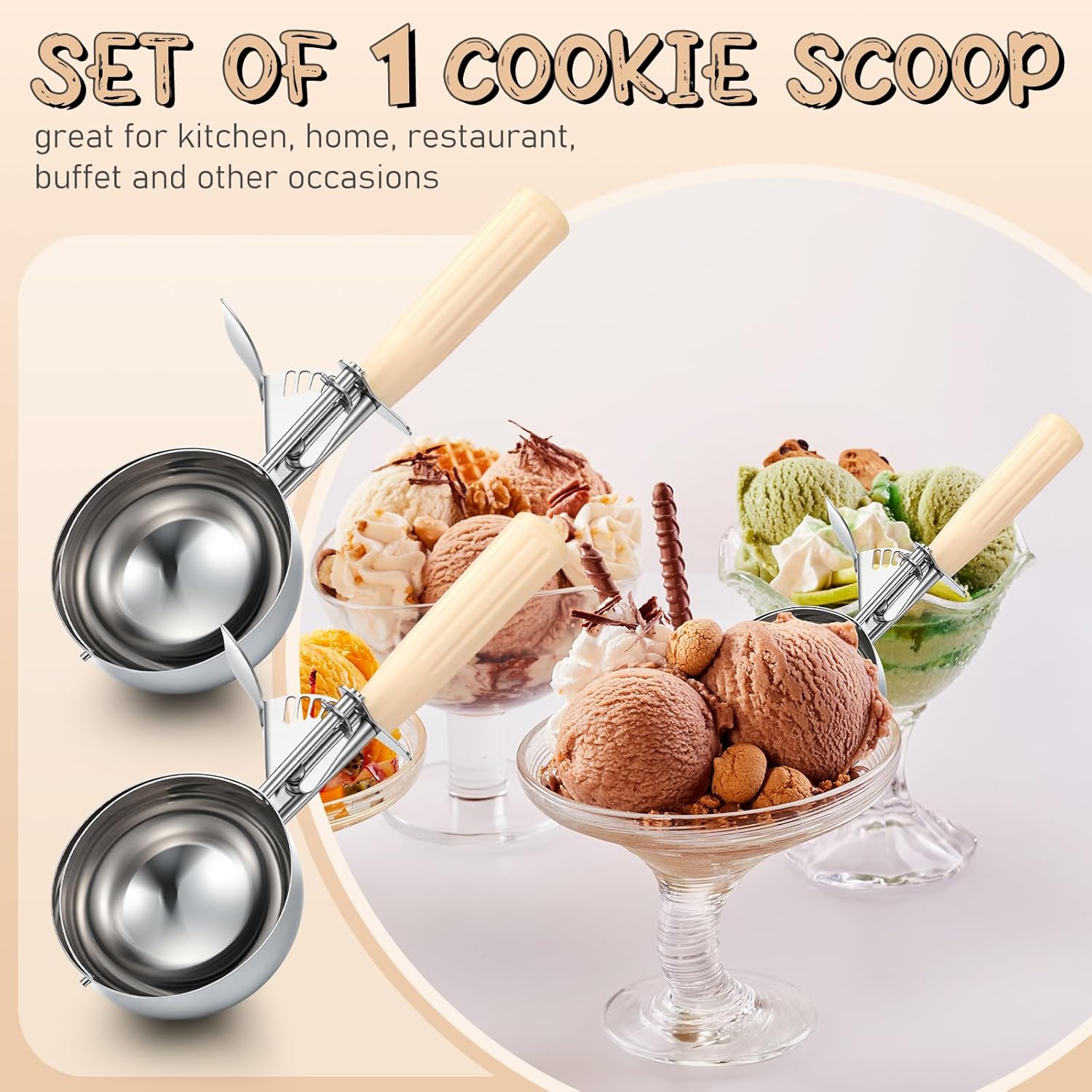 1 Pcs Release Cookie Scoops Ice Cream Scooper with Trigger Release Portion Scoop Stainless Steel for Portion Control, Baking Food, Cookie Dough (8 oz,Ivory)