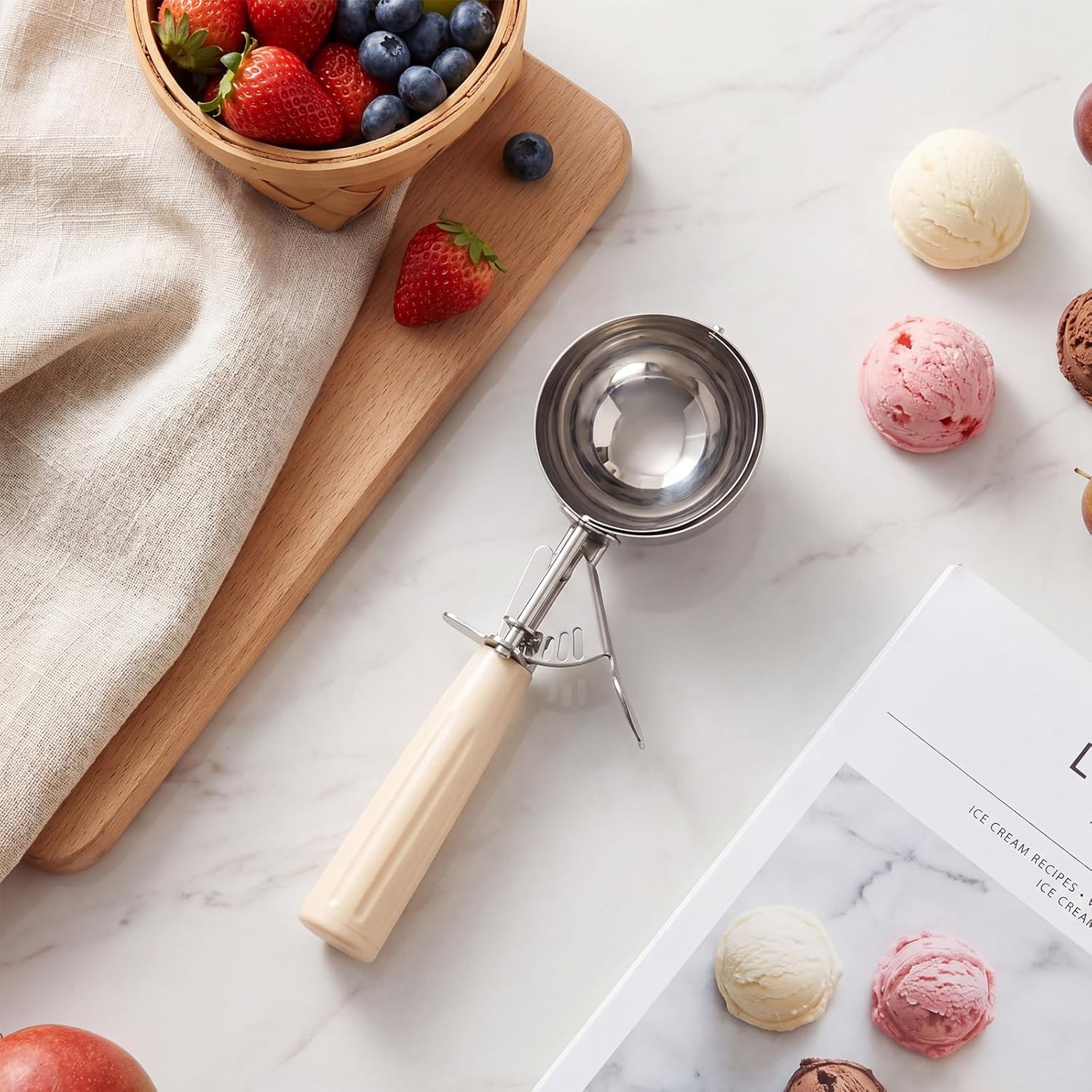 1 Pcs Release Cookie Scoops Ice Cream Scooper with Trigger Release Portion Scoop Stainless Steel for Portion Control, Baking Food, Cookie Dough (8 oz,Ivory)