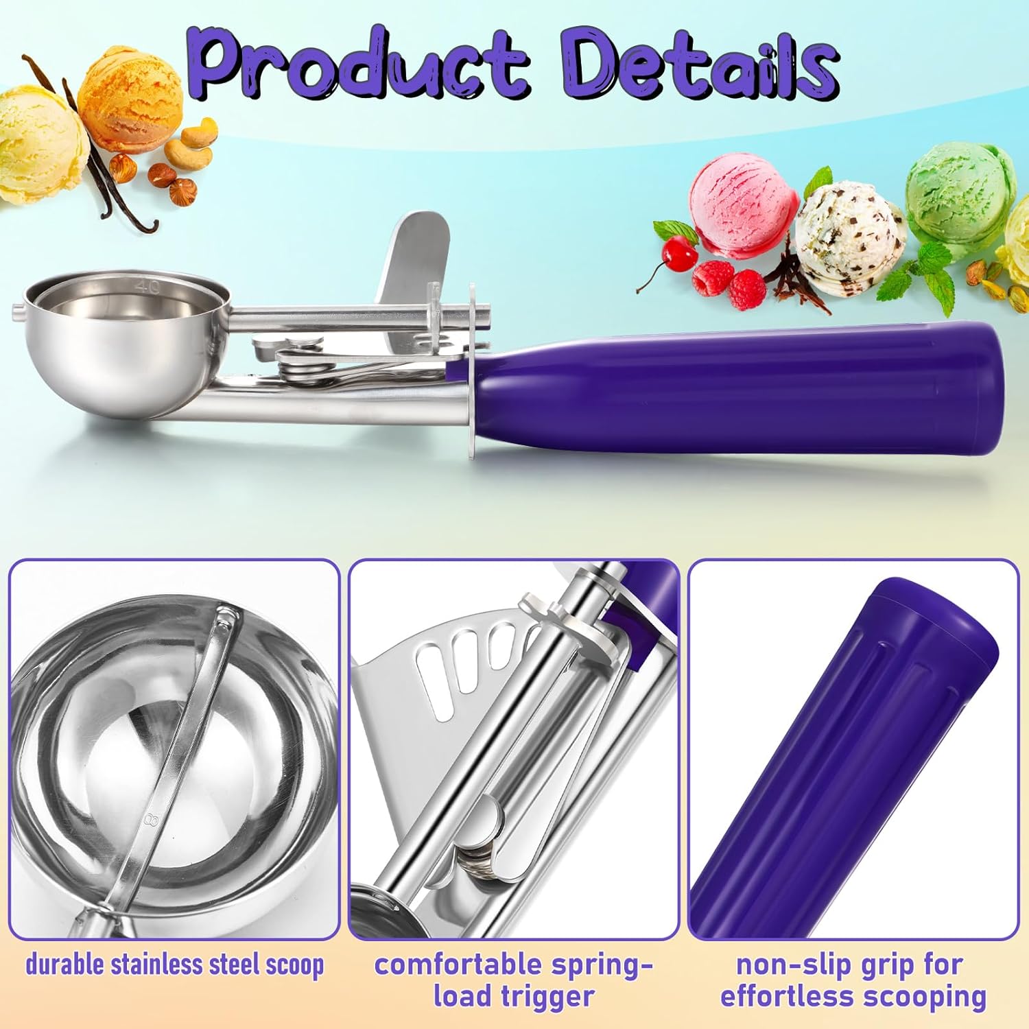 1 Pcs Release Cookie Scoops Ice Cream Scooper with Trigger Release Portion Scoop Stainless Steel for Portion Control, Baking Food, Cookie Dough (8 oz,Ivory)