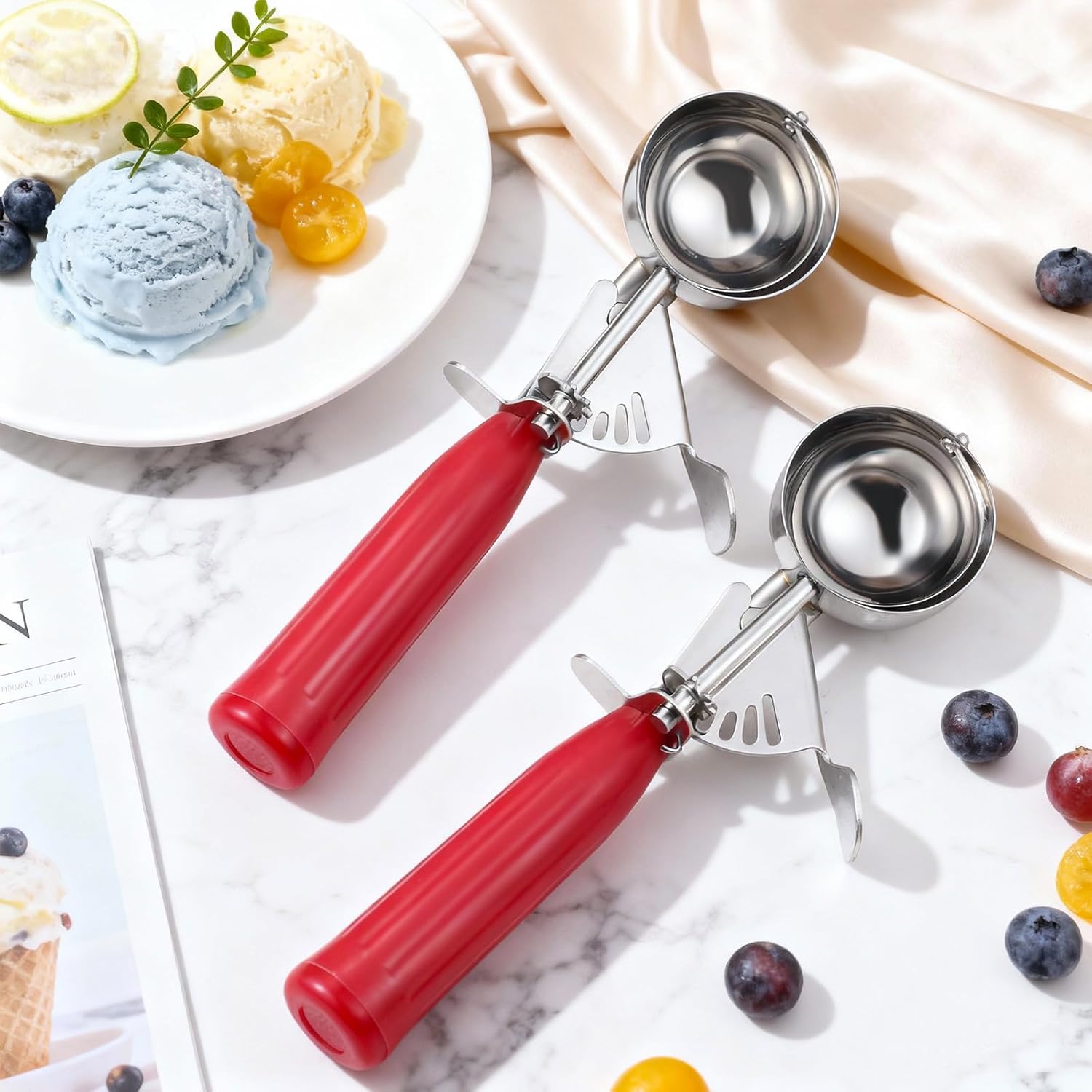 1 Pcs Release Cookie Scoops Ice Cream Scooper with Trigger Release Portion Scoop Stainless Steel for Portion Control, Baking Food, Cookie Dough (8 oz,Ivory)