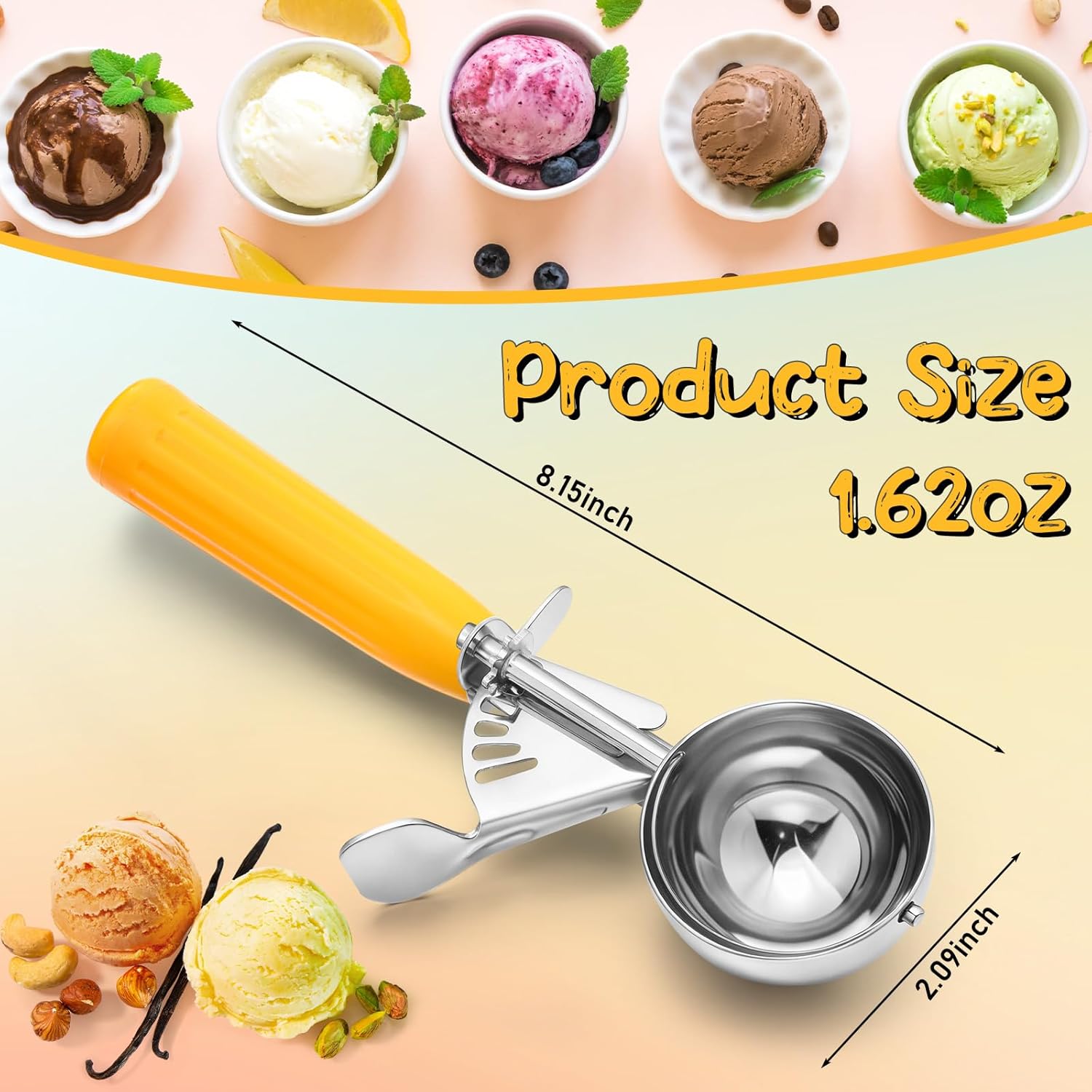 1 Pcs Release Cookie Scoops Ice Cream Scooper with Trigger Release Portion Scoop Stainless Steel for Portion Control, Baking Food, Cookie Dough (8 oz,Ivory)