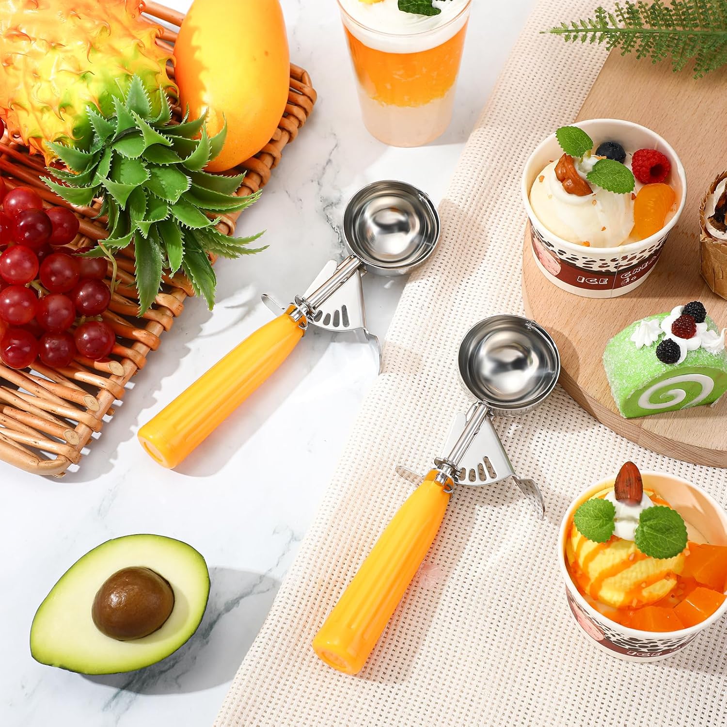 1 Pcs Release Cookie Scoops Ice Cream Scooper with Trigger Release Portion Scoop Stainless Steel for Portion Control, Baking Food, Cookie Dough (8 oz,Ivory)