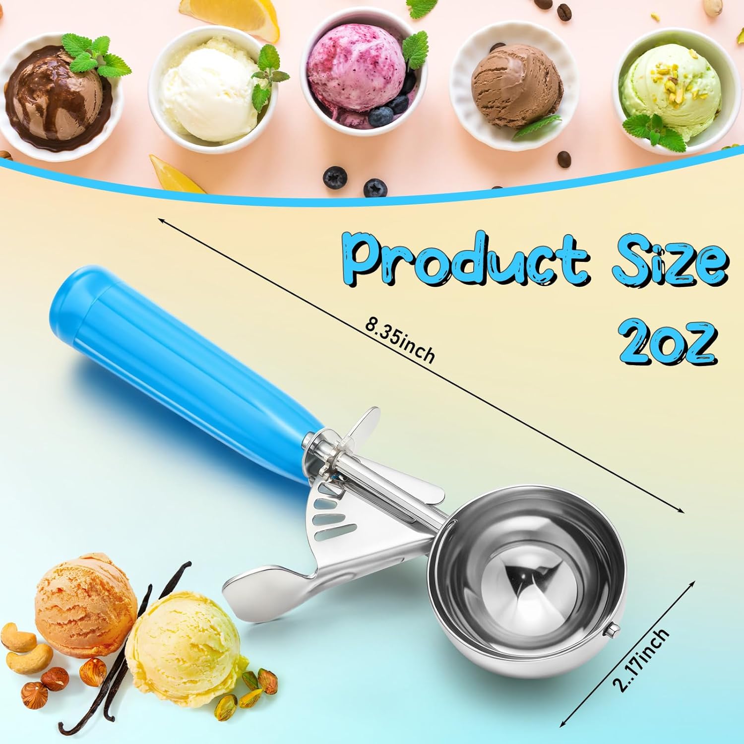 1 Pcs Release Cookie Scoops Ice Cream Scooper with Trigger Release Portion Scoop Stainless Steel for Portion Control, Baking Food, Cookie Dough (8 oz,Ivory)