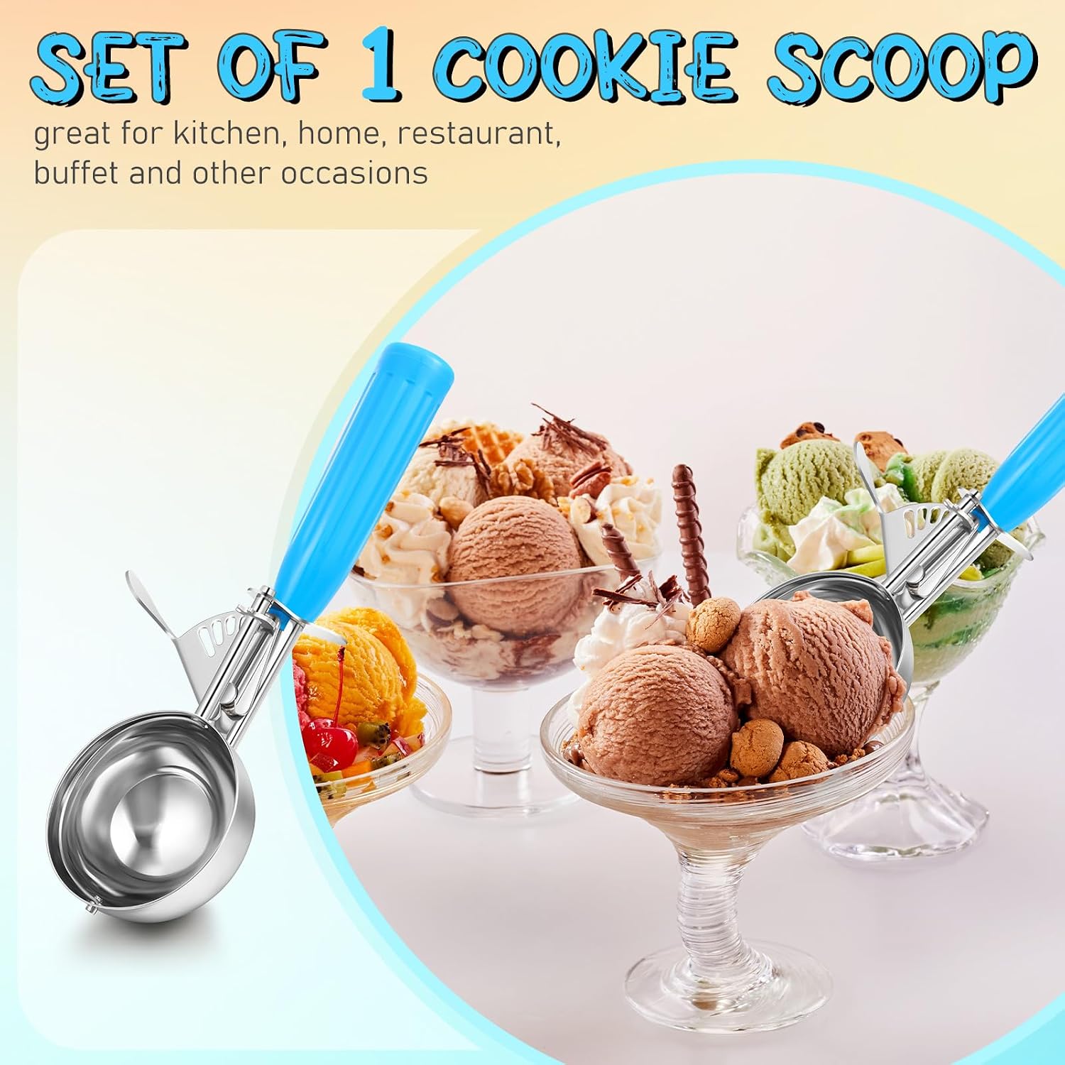 1 Pcs Release Cookie Scoops Ice Cream Scooper with Trigger Release Portion Scoop Stainless Steel for Portion Control, Baking Food, Cookie Dough (8 oz,Ivory)