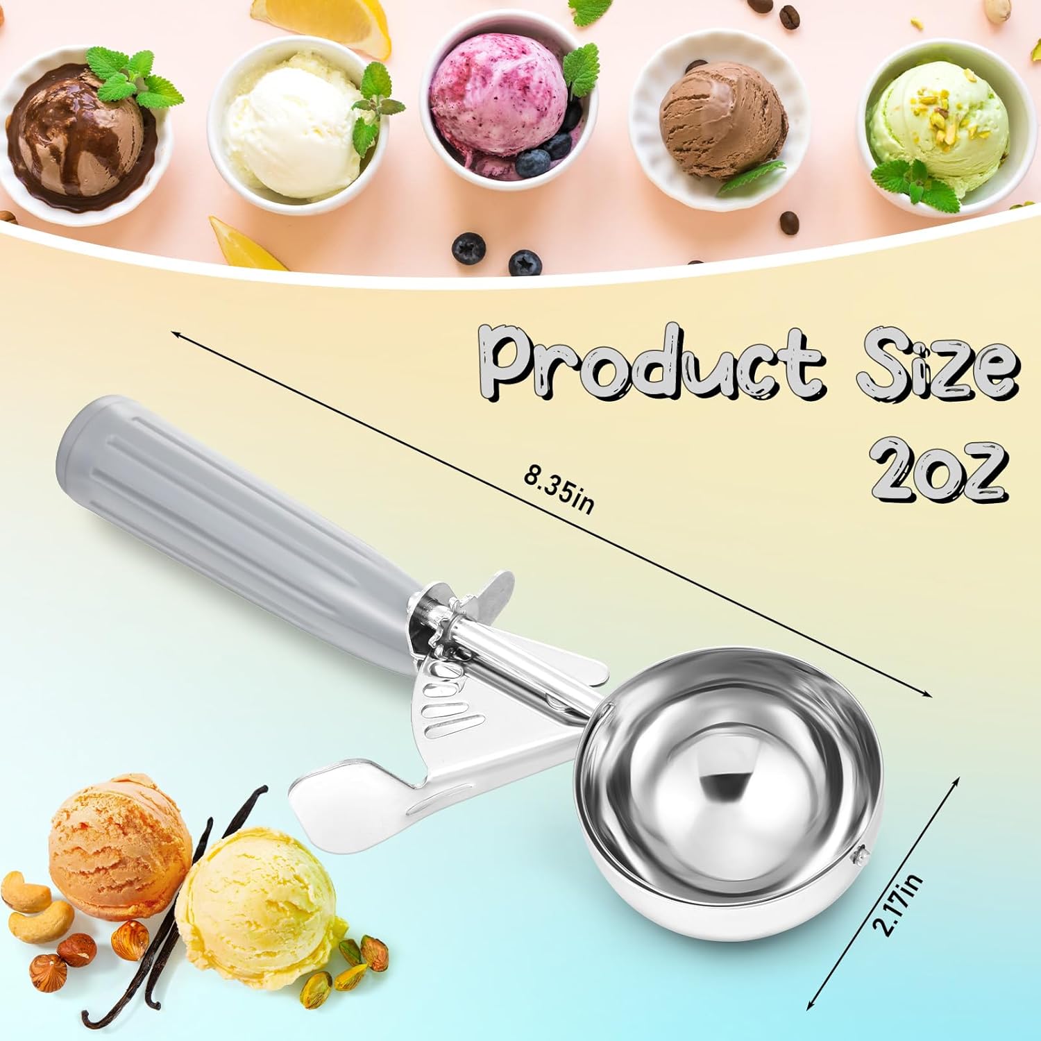 1 Pcs Release Cookie Scoops Ice Cream Scooper with Trigger Release Portion Scoop Stainless Steel for Portion Control, Baking Food, Cookie Dough (8 oz,Ivory)