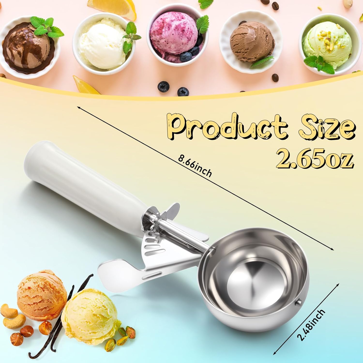 1 Pcs Release Cookie Scoops Ice Cream Scooper with Trigger Release Portion Scoop Stainless Steel for Portion Control, Baking Food, Cookie Dough (8 oz,Ivory)