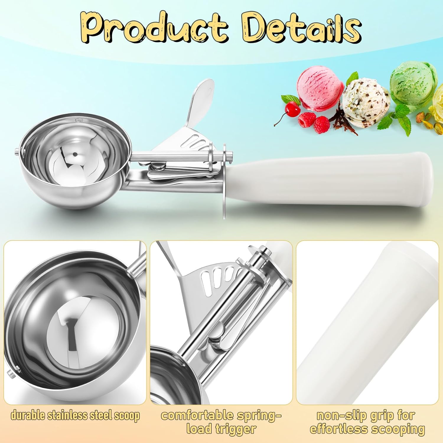 1 Pcs Release Cookie Scoops Ice Cream Scooper with Trigger Release Portion Scoop Stainless Steel for Portion Control, Baking Food, Cookie Dough (8 oz,Ivory)