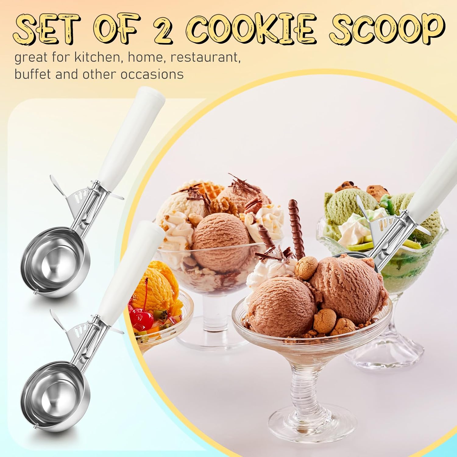 1 Pcs Release Cookie Scoops Ice Cream Scooper with Trigger Release Portion Scoop Stainless Steel for Portion Control, Baking Food, Cookie Dough (8 oz,Ivory)
