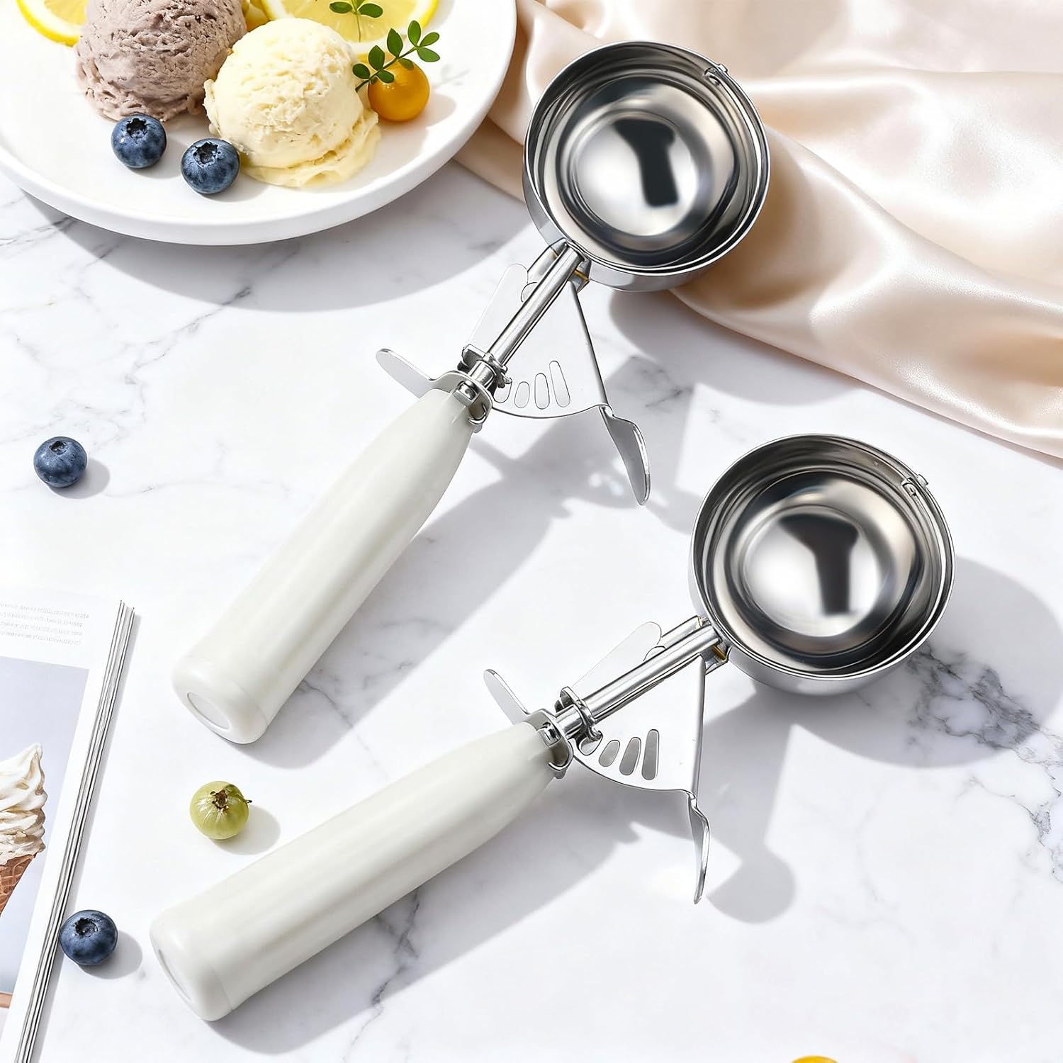 1 Pcs Release Cookie Scoops Ice Cream Scooper with Trigger Release Portion Scoop Stainless Steel for Portion Control, Baking Food, Cookie Dough (8 oz,Ivory)