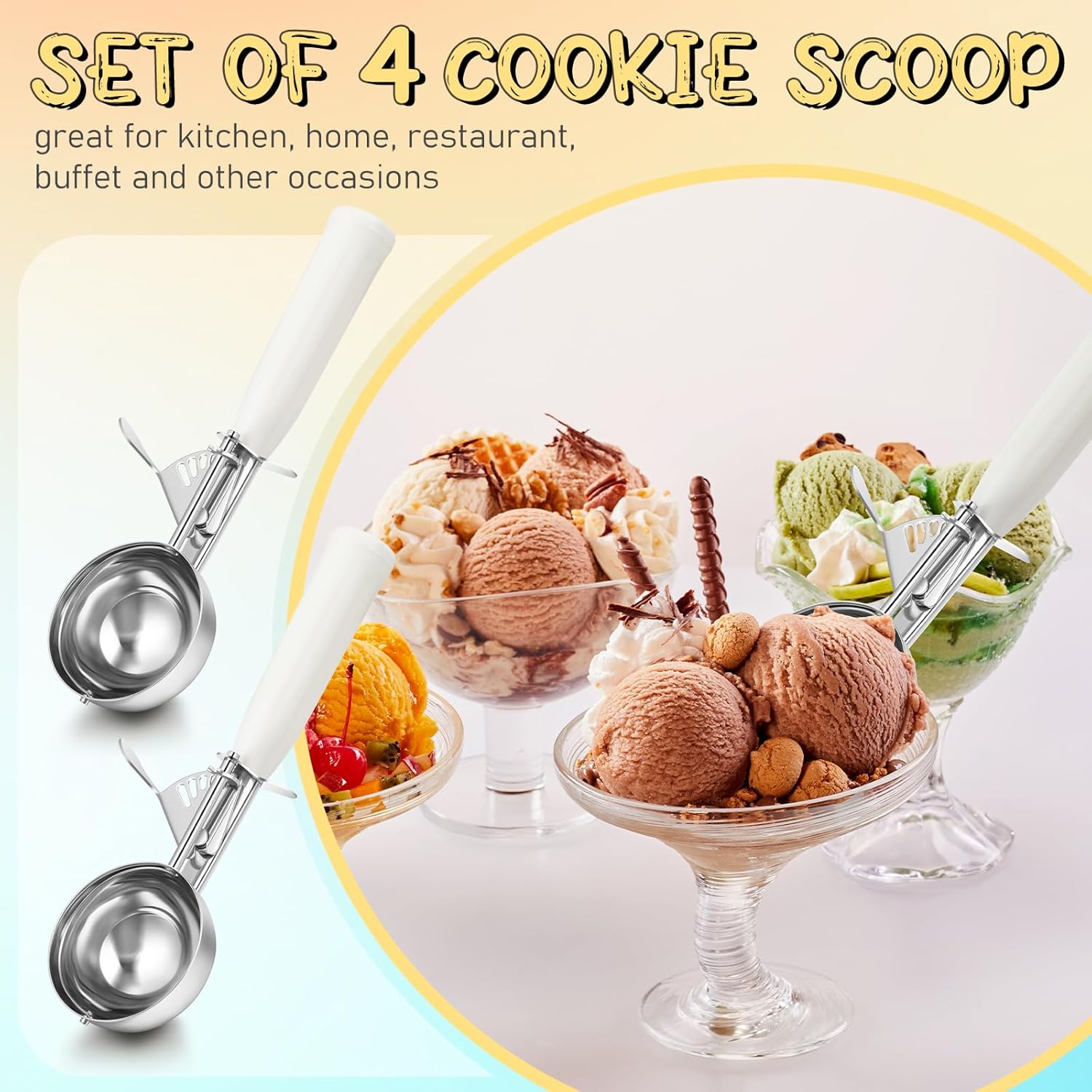 1 Pcs Release Cookie Scoops Ice Cream Scooper with Trigger Release Portion Scoop Stainless Steel for Portion Control, Baking Food, Cookie Dough (8 oz,Ivory)