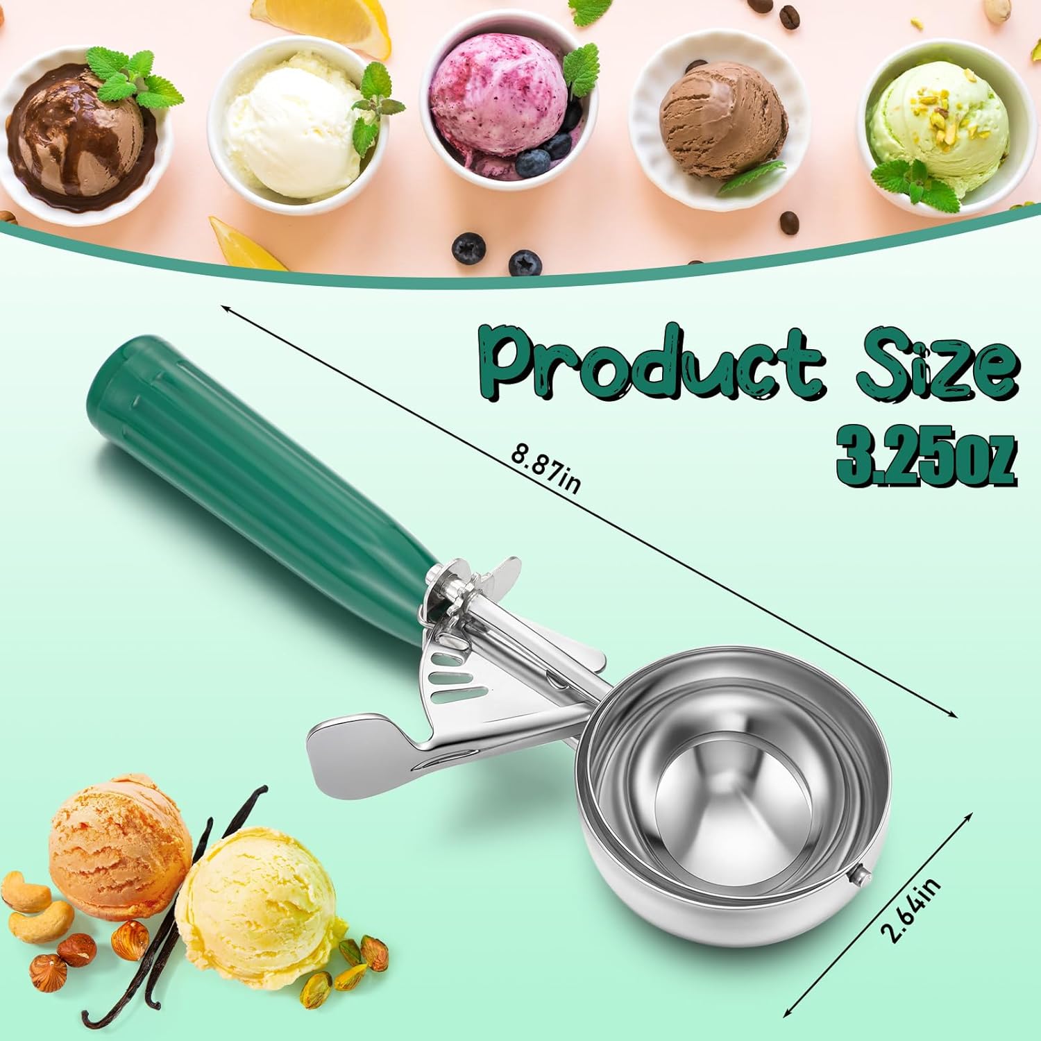 1 Pcs Release Cookie Scoops Ice Cream Scooper with Trigger Release Portion Scoop Stainless Steel for Portion Control, Baking Food, Cookie Dough (8 oz,Ivory)