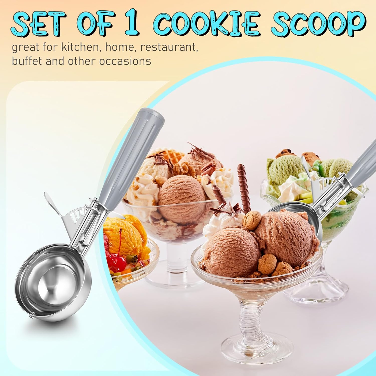 1 Pcs Release Cookie Scoops Ice Cream Scooper with Trigger Release Portion Scoop Stainless Steel for Portion Control, Baking Food, Cookie Dough (8 oz,Ivory)