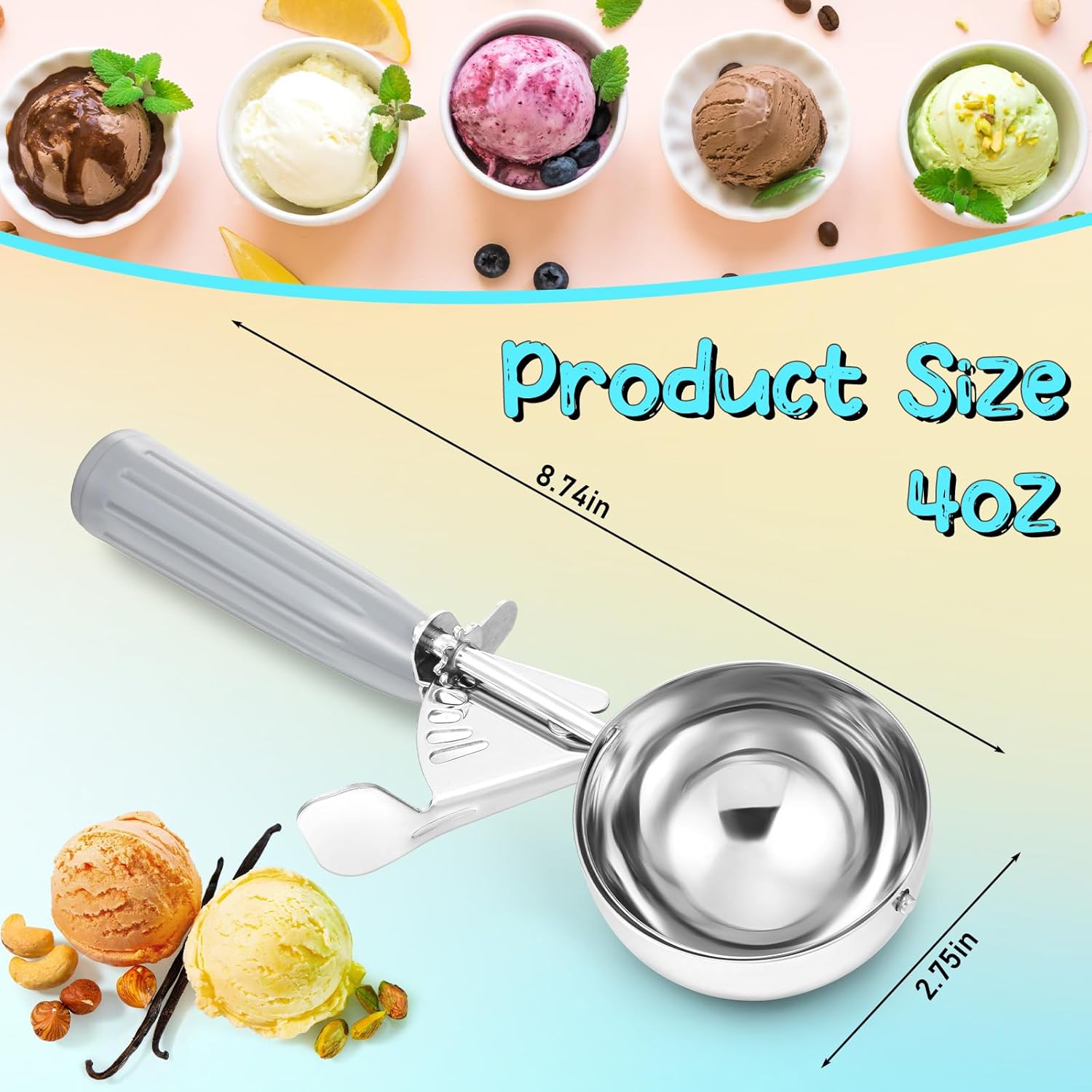 1 Pcs Release Cookie Scoops Ice Cream Scooper with Trigger Release Portion Scoop Stainless Steel for Portion Control, Baking Food, Cookie Dough (8 oz,Ivory)