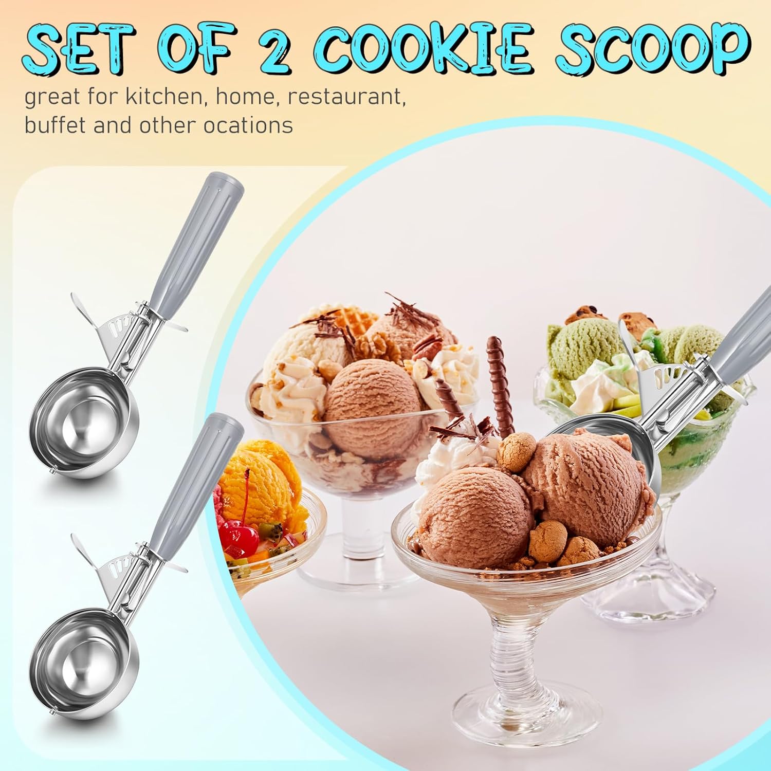 1 Pcs Release Cookie Scoops Ice Cream Scooper with Trigger Release Portion Scoop Stainless Steel for Portion Control, Baking Food, Cookie Dough (8 oz,Ivory)