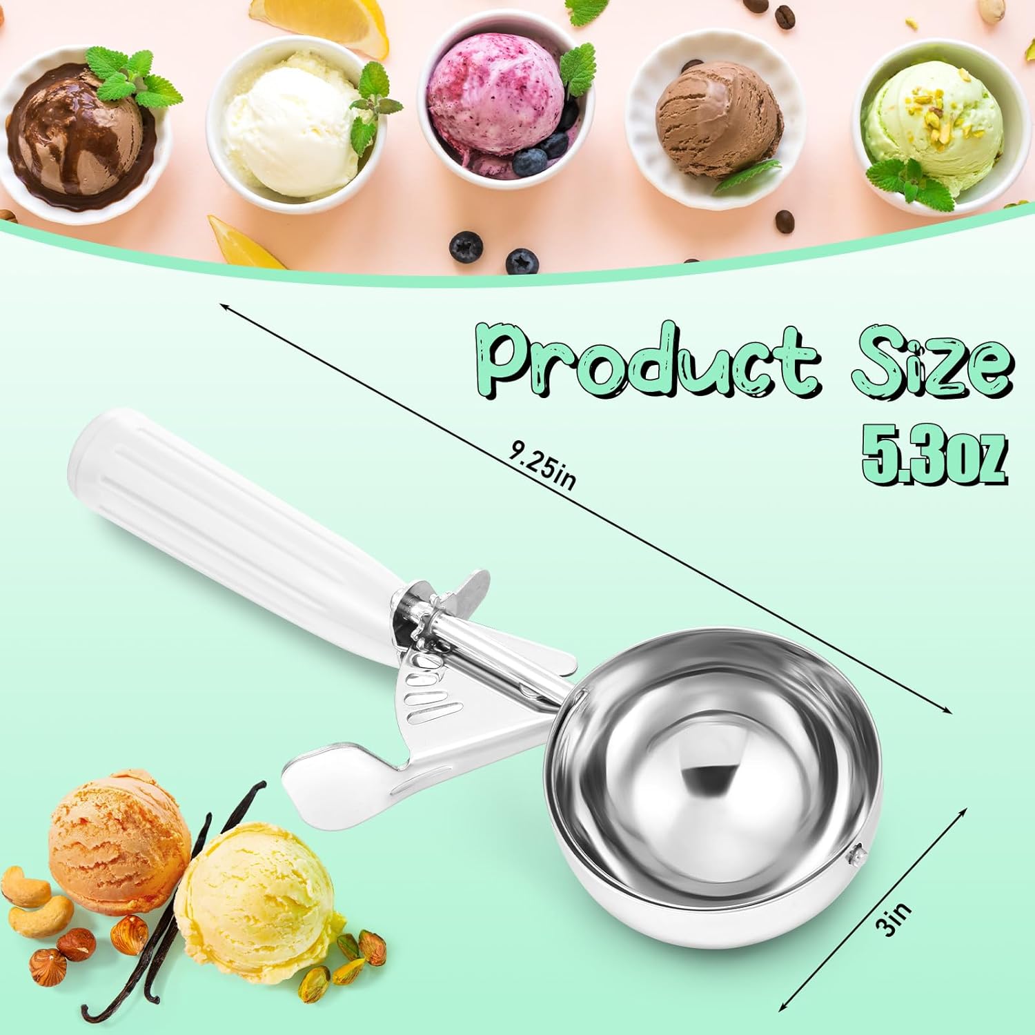 1 Pcs Release Cookie Scoops Ice Cream Scooper with Trigger Release Portion Scoop Stainless Steel for Portion Control, Baking Food, Cookie Dough (8 oz,Ivory)
