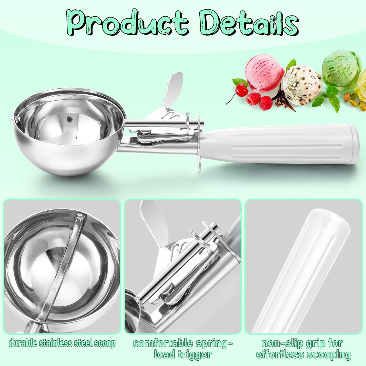 1 Pcs Release Cookie Scoops Ice Cream Scooper with Trigger Release Portion Scoop Stainless Steel for Portion Control, Baking Food, Cookie Dough (8 oz,Ivory)