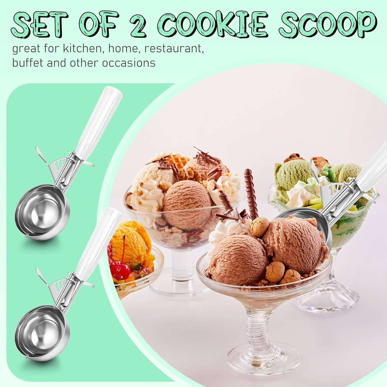 1 Pcs Release Cookie Scoops Ice Cream Scooper with Trigger Release Portion Scoop Stainless Steel for Portion Control, Baking Food, Cookie Dough (8 oz,Ivory)