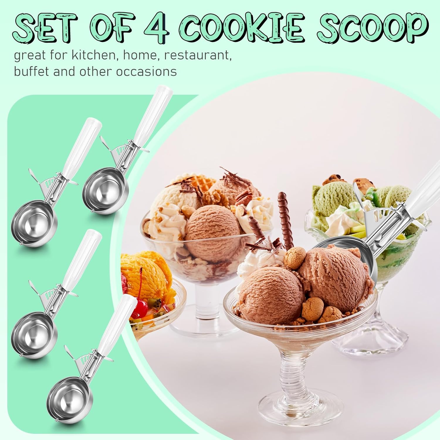 1 Pcs Release Cookie Scoops Ice Cream Scooper with Trigger Release Portion Scoop Stainless Steel for Portion Control, Baking Food, Cookie Dough (8 oz,Ivory)