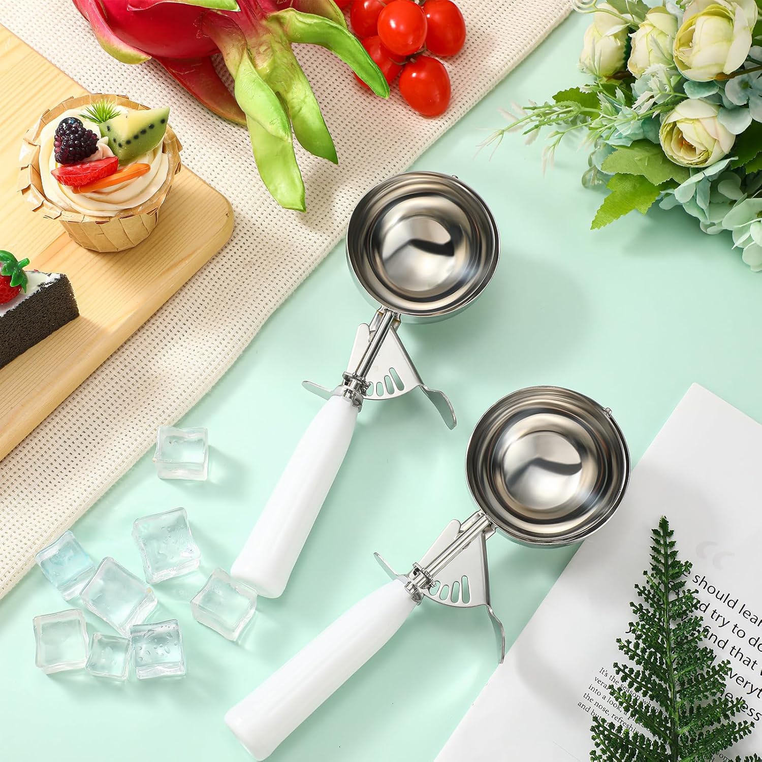 1 Pcs Release Cookie Scoops Ice Cream Scooper with Trigger Release Portion Scoop Stainless Steel for Portion Control, Baking Food, Cookie Dough (8 oz,Ivory)