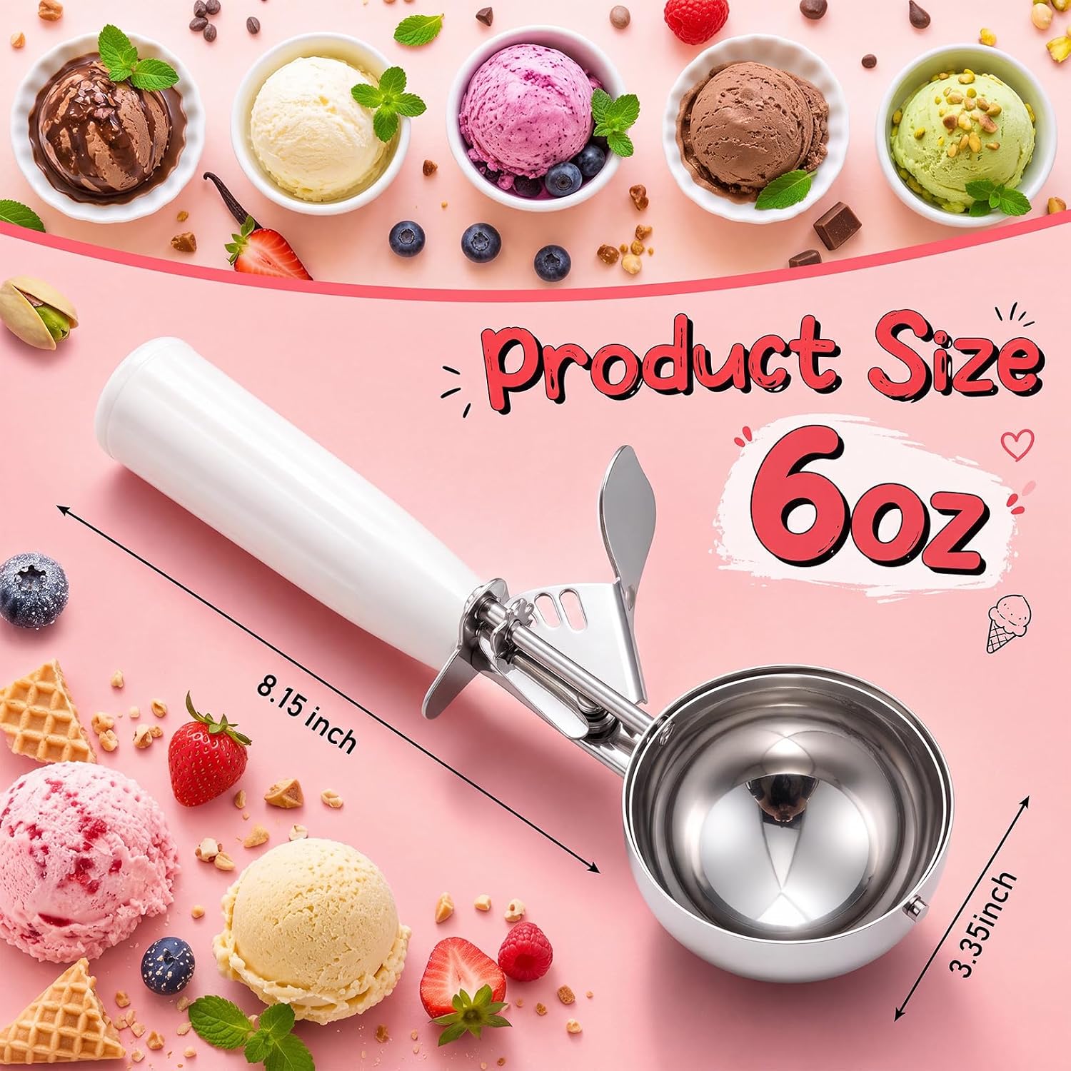 1 Pcs Release Cookie Scoops Ice Cream Scooper with Trigger Release Portion Scoop Stainless Steel for Portion Control, Baking Food, Cookie Dough (8 oz,Ivory)