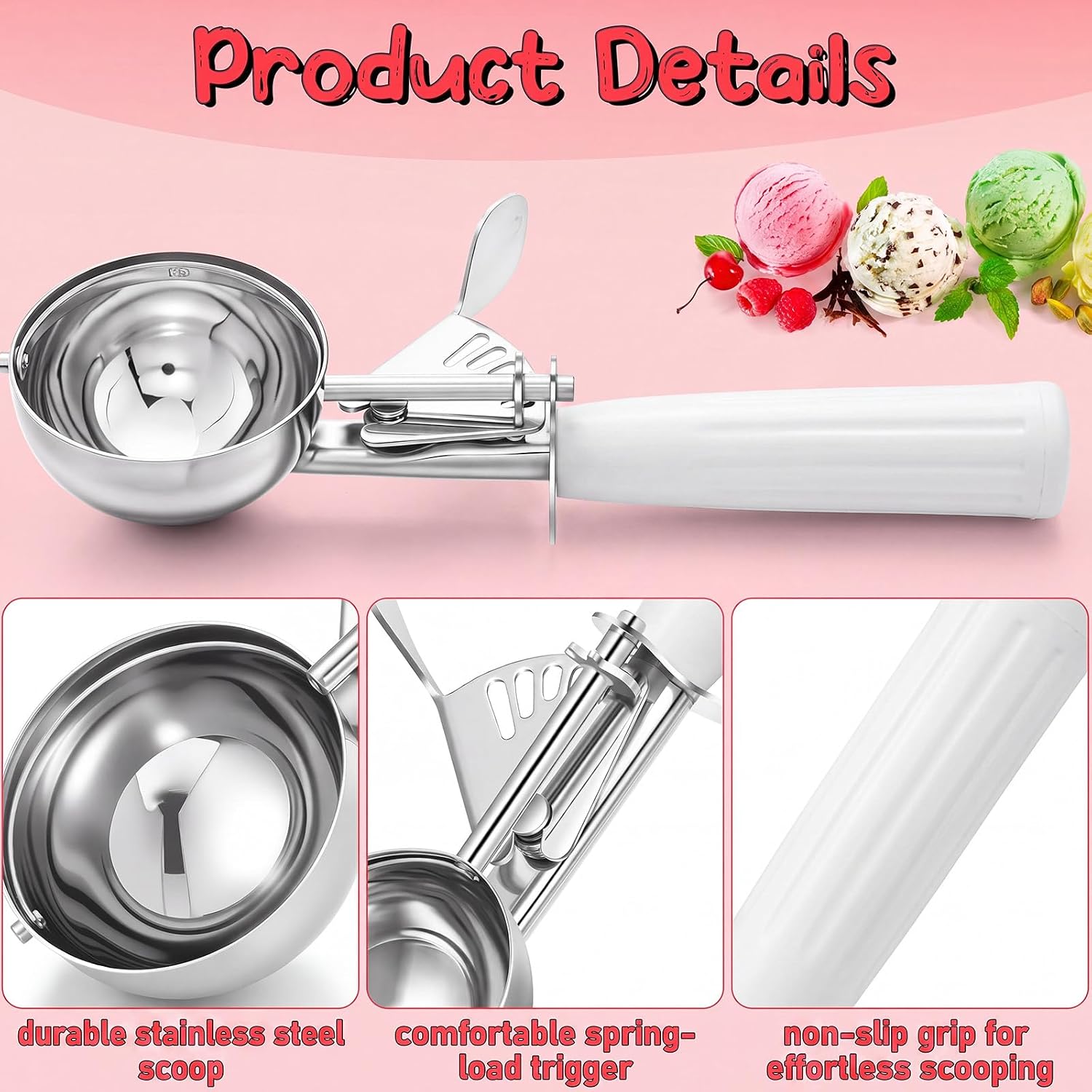 1 Pcs Release Cookie Scoops Ice Cream Scooper with Trigger Release Portion Scoop Stainless Steel for Portion Control, Baking Food, Cookie Dough (8 oz,Ivory)