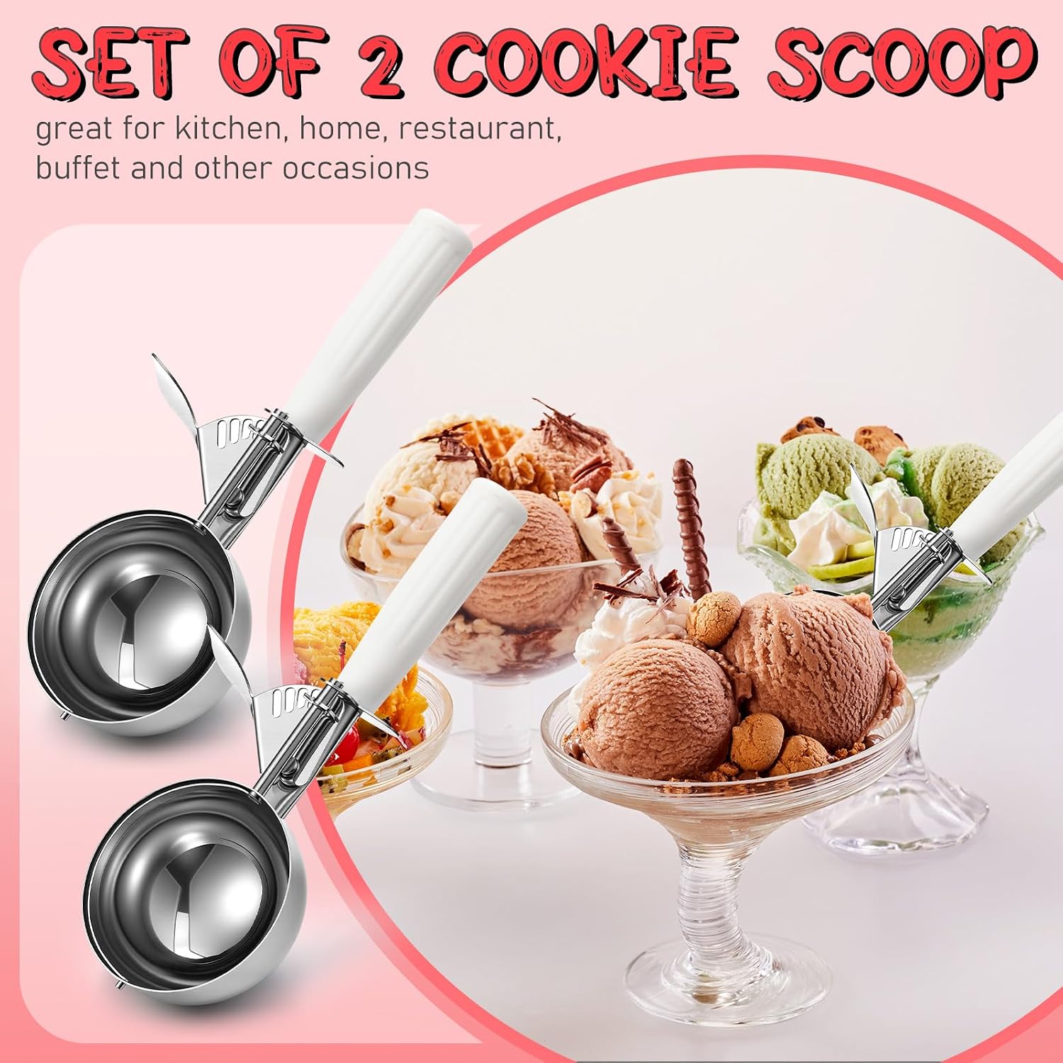 1 Pcs Release Cookie Scoops Ice Cream Scooper with Trigger Release Portion Scoop Stainless Steel for Portion Control, Baking Food, Cookie Dough (8 oz,Ivory)