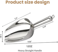 12 Oz 304 Stainless Steel Ice Scoop with Magnetic Hook - Heavy Duty Commercial Ice Shovel for Ice Maker & Freezer, Large Scooper for Bar, Kitchen, Party & Pet Food, Easy to Clean (Silver)