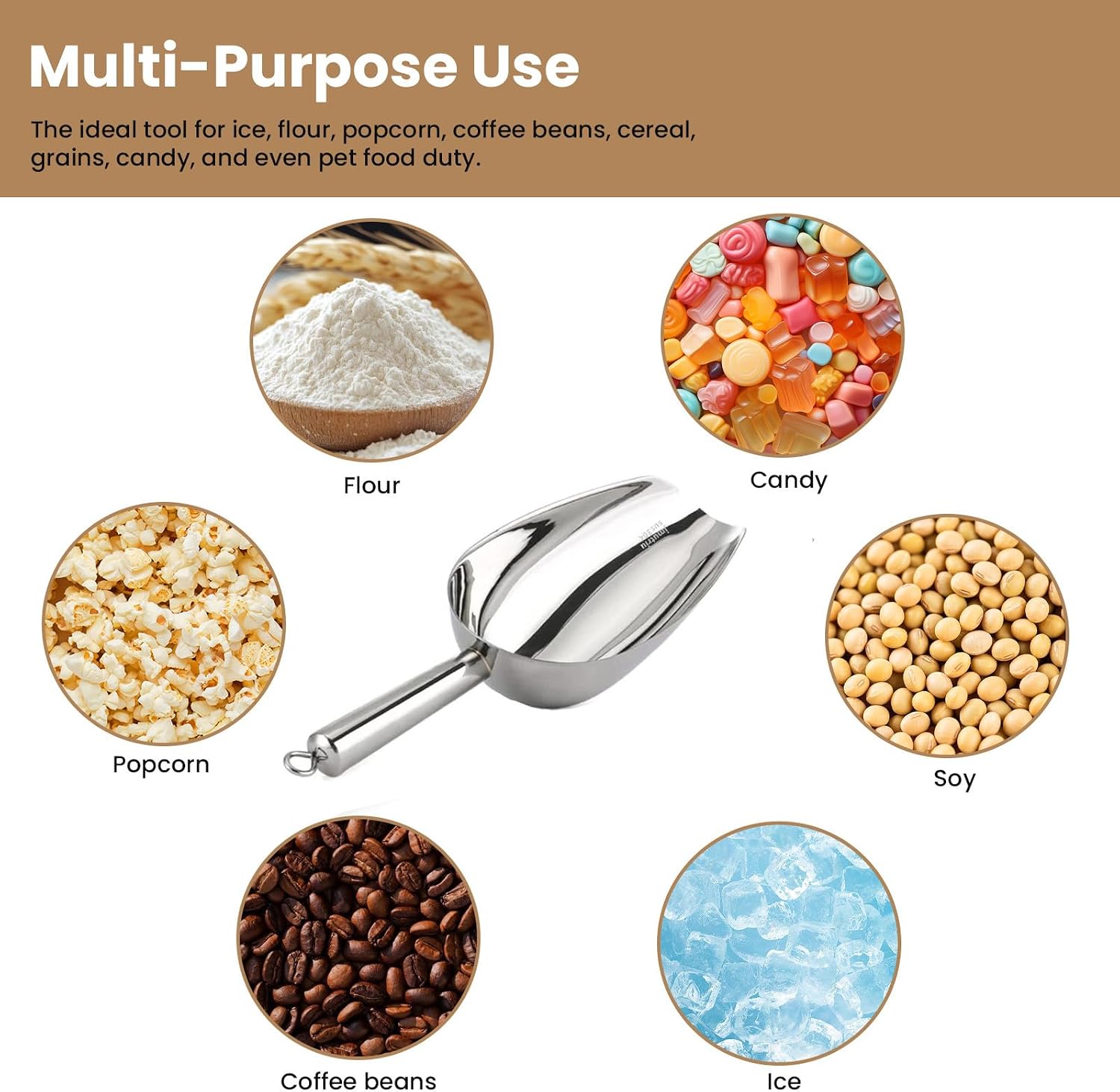 12 Oz 304 Stainless Steel Ice Scoop with Magnetic Hook - Heavy Duty Commercial Ice Shovel for Ice Maker & Freezer, Large Scooper for Bar, Kitchen, Party & Pet Food, Easy to Clean (Silver)
