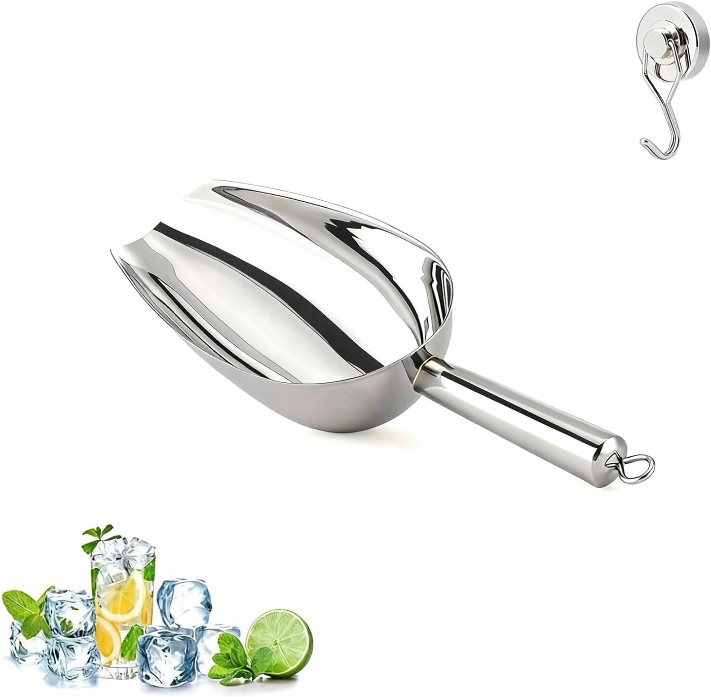 12 Oz 304 Stainless Steel Ice Scoop with Magnetic Hook - Heavy Duty Commercial Ice Shovel for Ice Maker & Freezer, Large Scooper for Bar, Kitchen, Party & Pet Food, Easy to Clean (Silver)