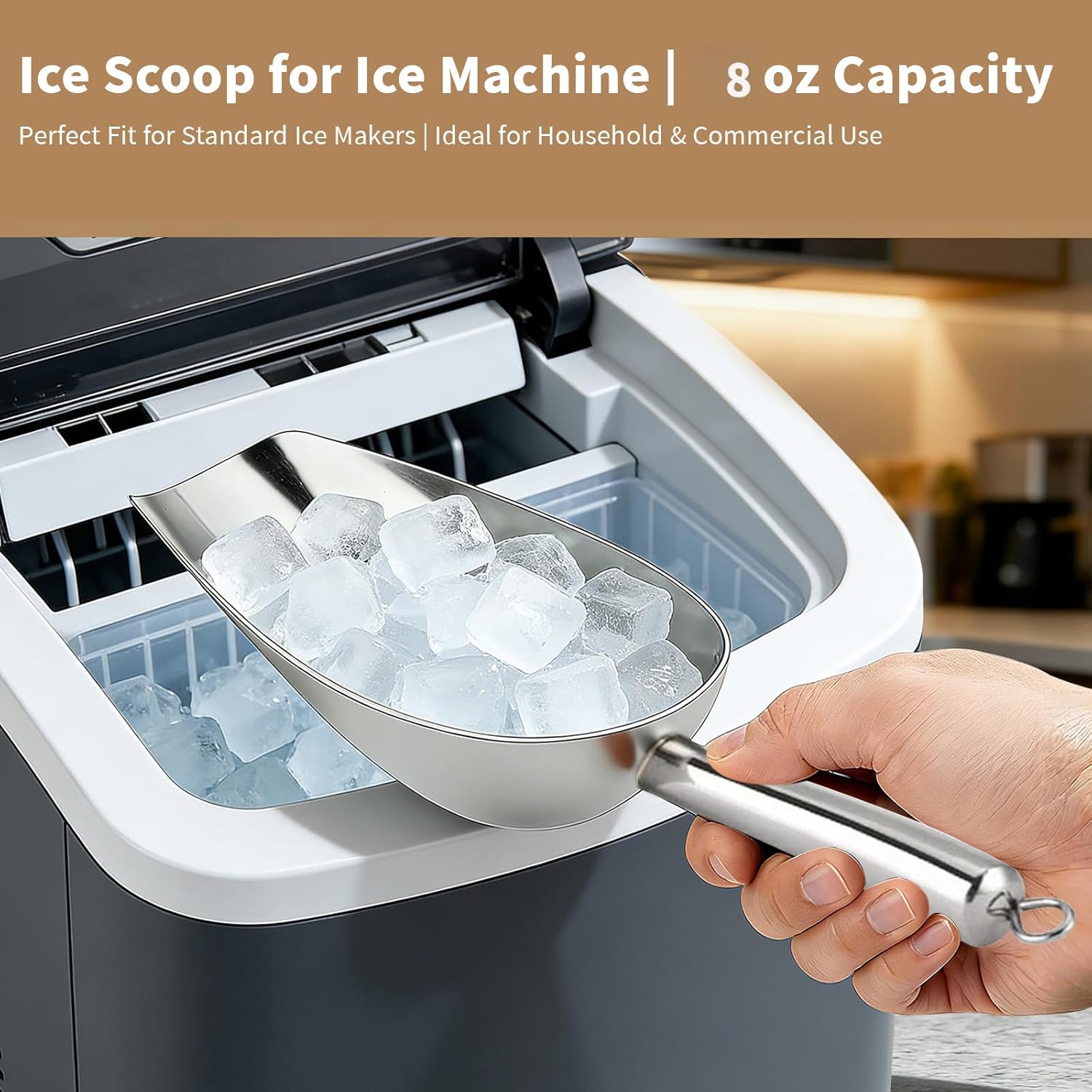 12 Oz 304 Stainless Steel Ice Scoop with Magnetic Hook - Heavy Duty Commercial Ice Shovel for Ice Maker & Freezer, Large Scooper for Bar, Kitchen, Party & Pet Food, Easy to Clean (Silver)