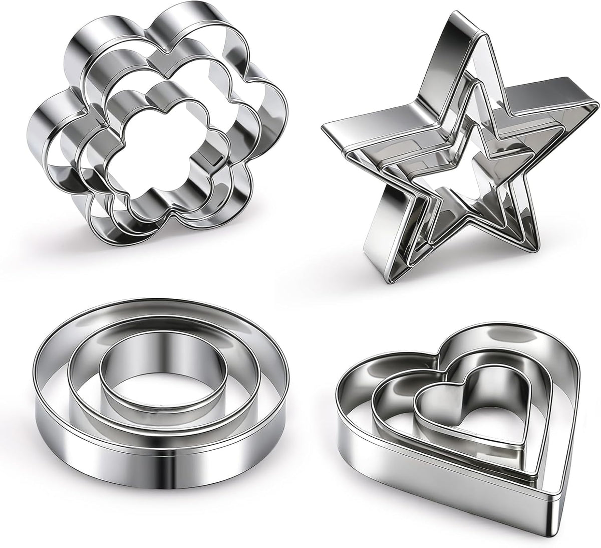 12 Pcs Professional Stainless Steel Cookie Cutters Set - Heart, Flower, Round, Star Shapes Metal Biscuit Cutter, Essential Baking Tools for Dough Preparation