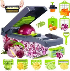 12-in-1 Vegetable Chopper, Multifunctional Onion Dicer & Veggie Slicer with 8 Blades, Food Cutter with Container for Kitchen, Kitchen Gadgets for Potato, Tomato, Garlic