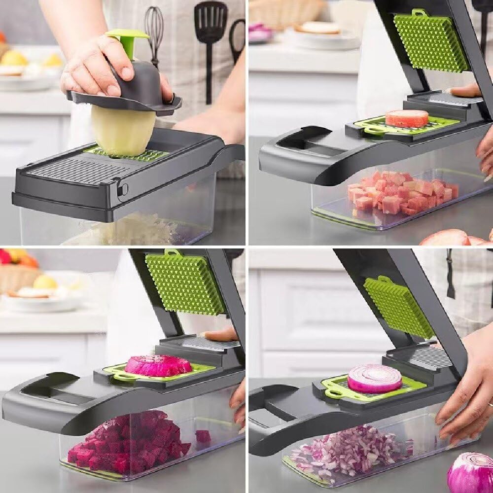 12-in-1 Vegetable Chopper, Multifunctional Onion Dicer & Veggie Slicer with 8 Blades, Food Cutter with Container for Kitchen, Kitchen Gadgets for Potato, Tomato, Garlic