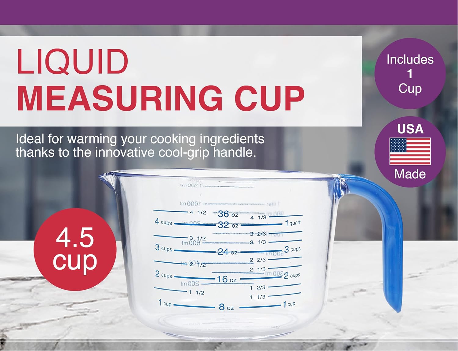 03212 4-1/2 Cup Cool Grip Measure Cup, 36-Ounce Capacity, Plastic with Blue Handle and Graduates