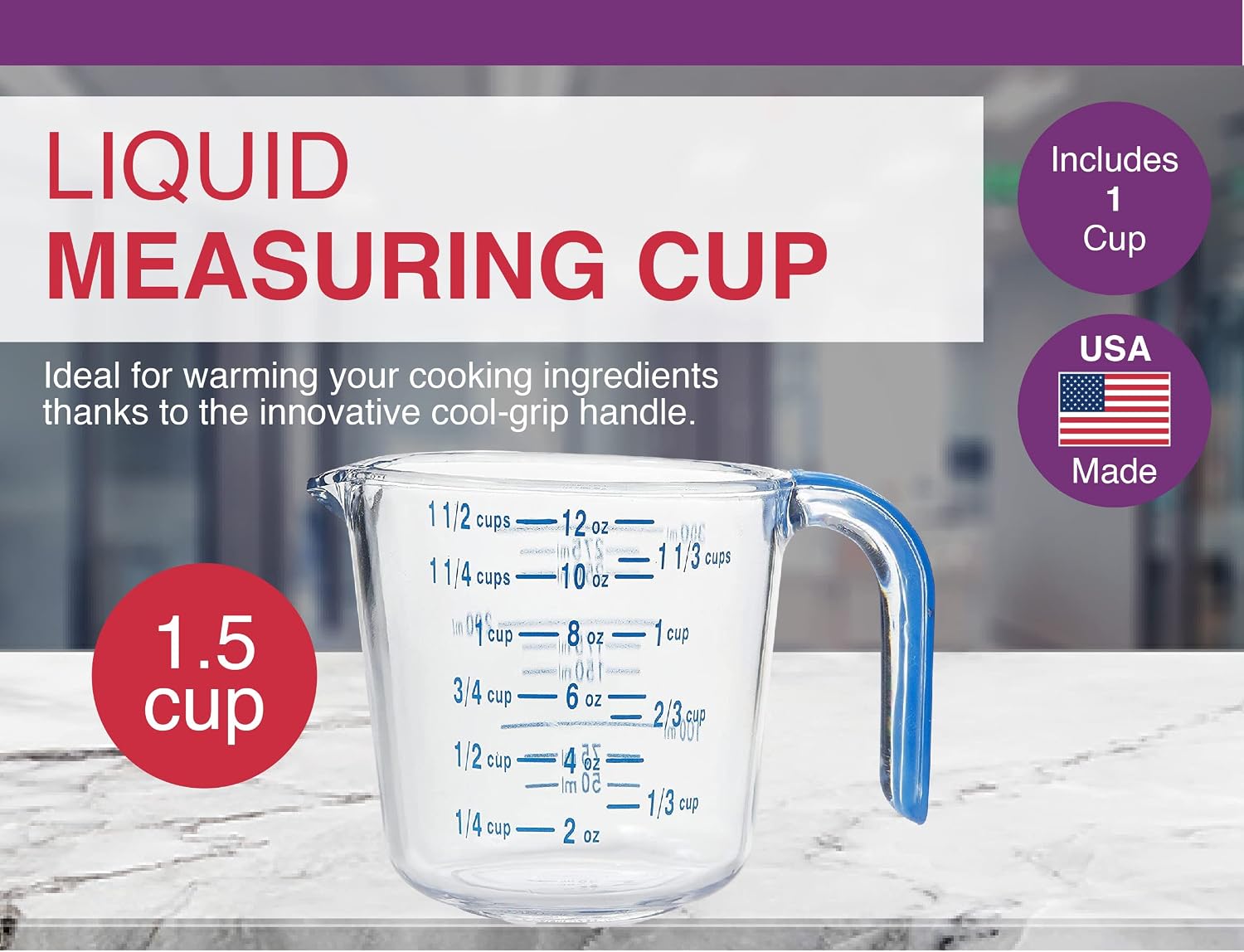 03212 4-1/2 Cup Cool Grip Measure Cup, 36-Ounce Capacity, Plastic with Blue Handle and Graduates