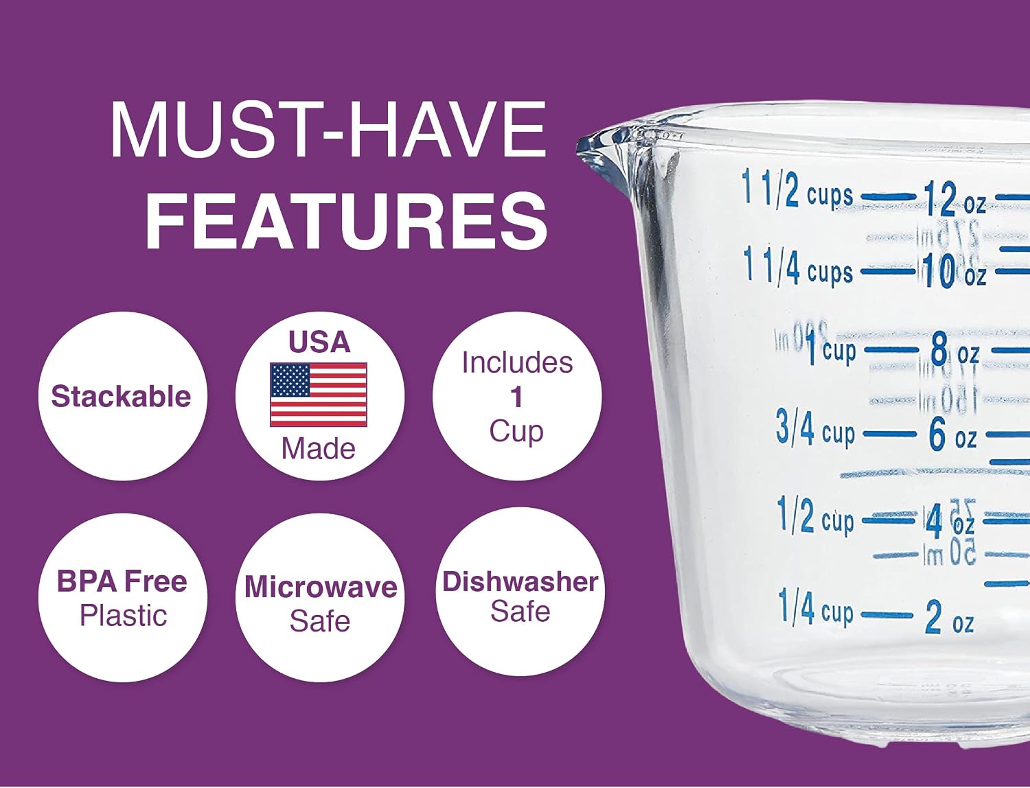 03212 4-1/2 Cup Cool Grip Measure Cup, 36-Ounce Capacity, Plastic with Blue Handle and Graduates