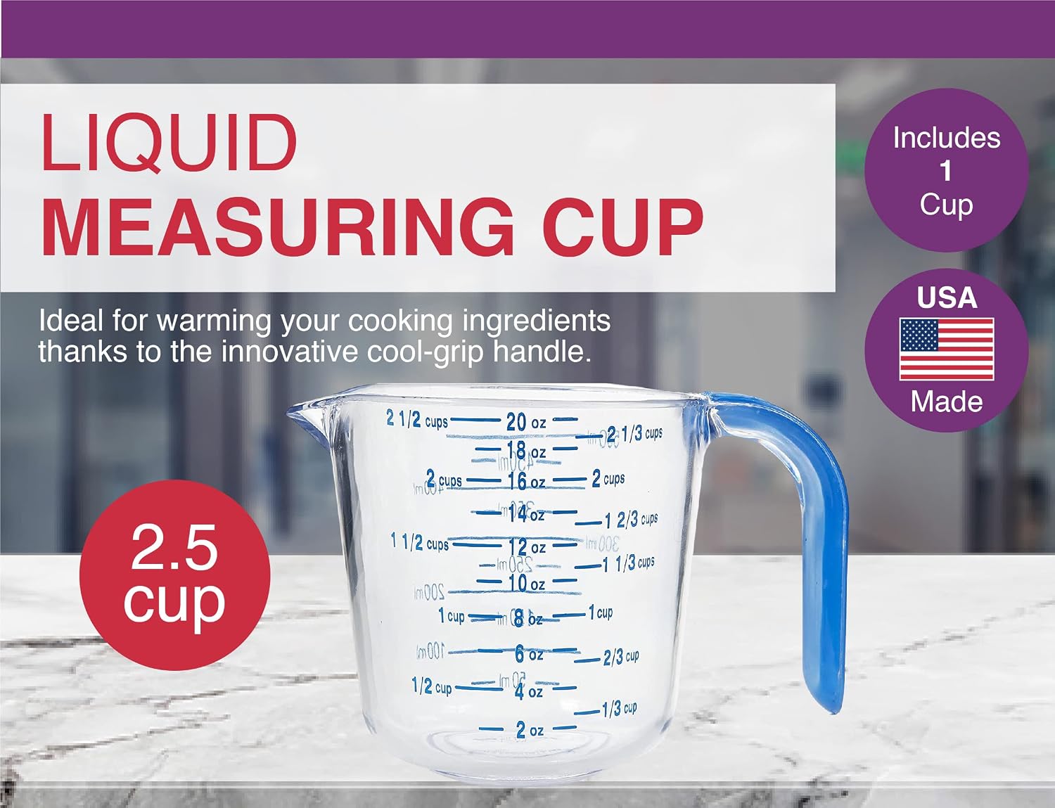 03212 4-1/2 Cup Cool Grip Measure Cup, 36-Ounce Capacity, Plastic with Blue Handle and Graduates