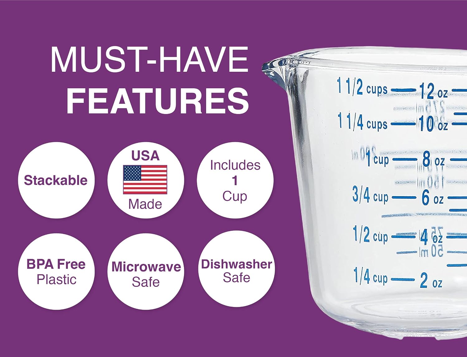 03212 4-1/2 Cup Cool Grip Measure Cup, 36-Ounce Capacity, Plastic with Blue Handle and Graduates