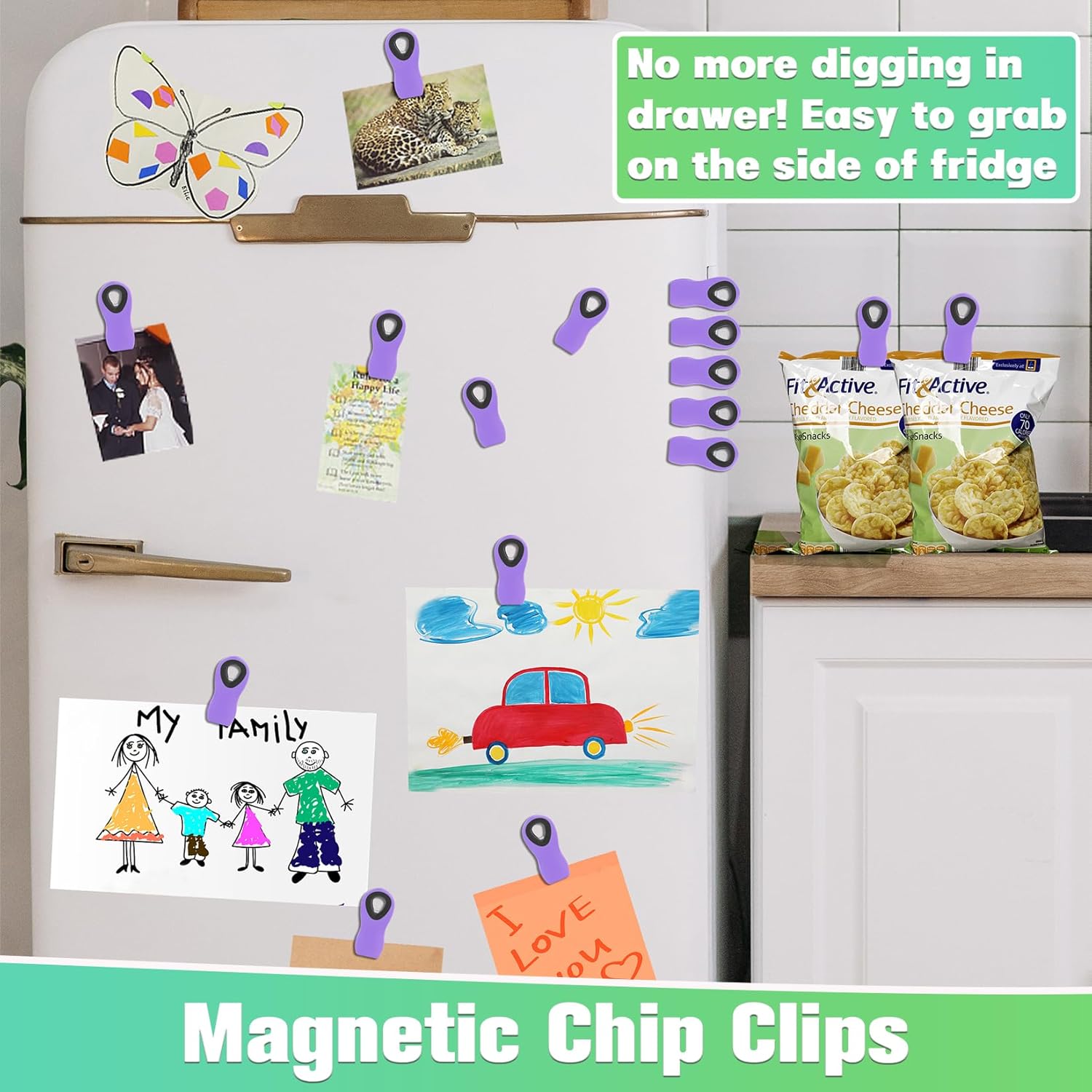 12 Pack Chip Clips, Bag Clips for Food, Magnetic Sealers for Chips and Other Food, Plastic Bag Clip for Kitchen, Fridge, Clothes, Sewing and Artwork (Green)