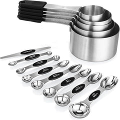 13-Piece All-Magnetic Measuring Cups and Spoons Set, 430 Stainless Steel Metal Measuring Cup and Spoon Set with Silicone Handles & Leveler for Baking Cooking (Black)