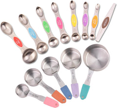 13-Piece All-Magnetic Measuring Cups and Spoons Set, 430 Stainless Steel Metal Measuring Cup and Spoon Set with Silicone Handles & Leveler for Baking Cooking (Black)