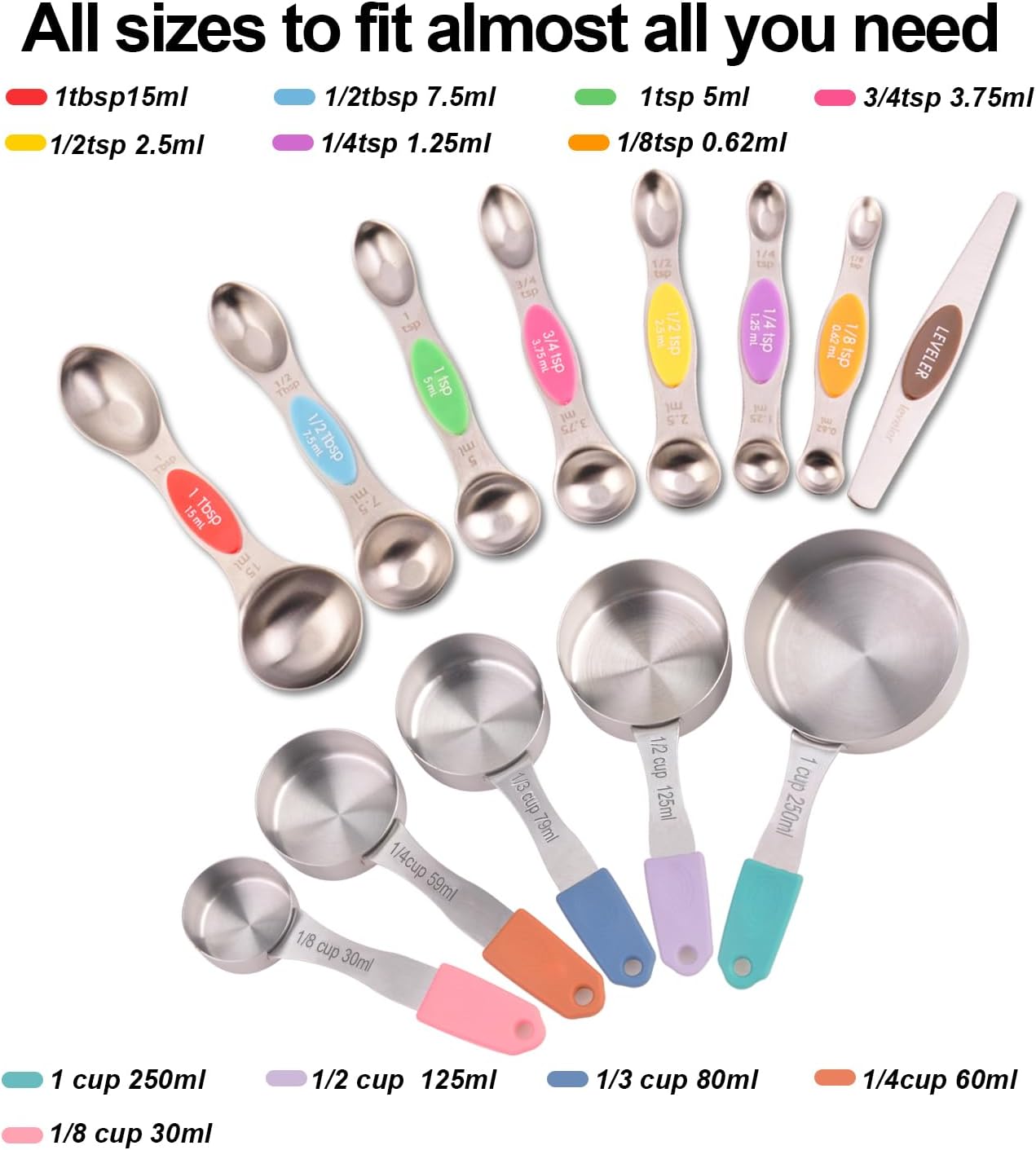 13-Piece All-Magnetic Measuring Cups and Spoons Set, 430 Stainless Steel Metal Measuring Cup and Spoon Set with Silicone Handles & Leveler for Baking Cooking (Black)