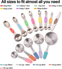 13-Piece All-Magnetic Measuring Cups and Spoons Set, 430 Stainless Steel Metal Measuring Cup and Spoon Set with Silicone Handles & Leveler for Baking Cooking (Black)